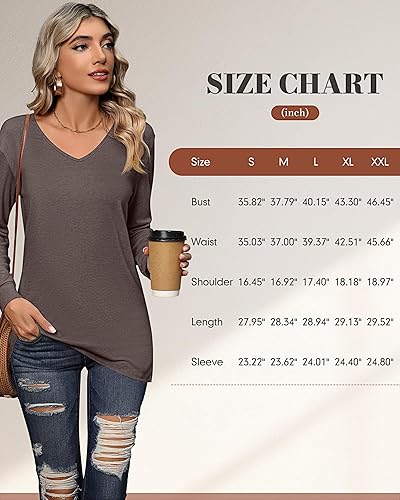 Vista 6 de Riyiper 2 camisetas de manga larga para mujer, cuello en V, lisas, casuales, holgadas, camisetas