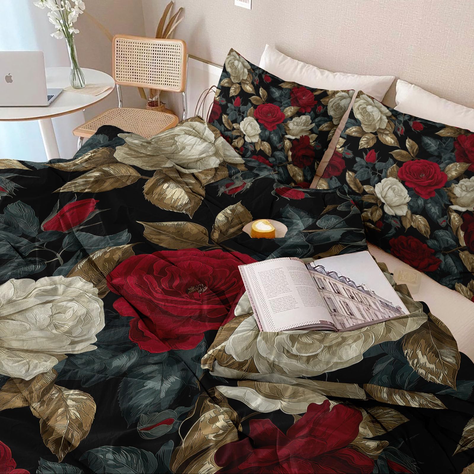 Romantyczne rośliny, kwiatowy zestaw poszewek na kołdrę 230 x 220 cm, luksusowy zestaw pościeli w stylu vintage, miękka mikrofibra, dwustronna poszewka na kołdrę na wszystkie pory roku, z zamkiem