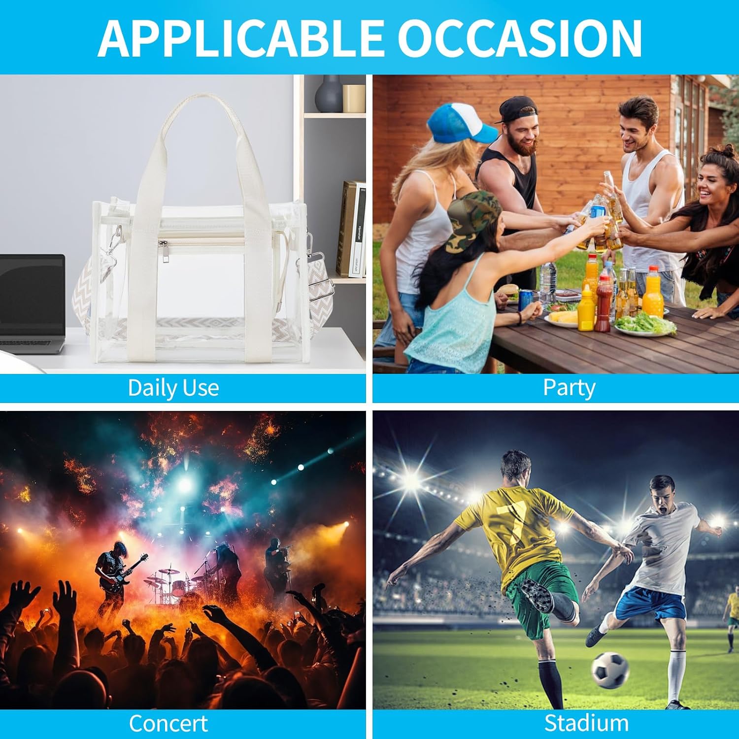 Clear Bag for Stadium Events,Large Clear Tote Bag with Outer and Inner Zip Bag for Sport Events, Concerts, Work, Beach - Image 7