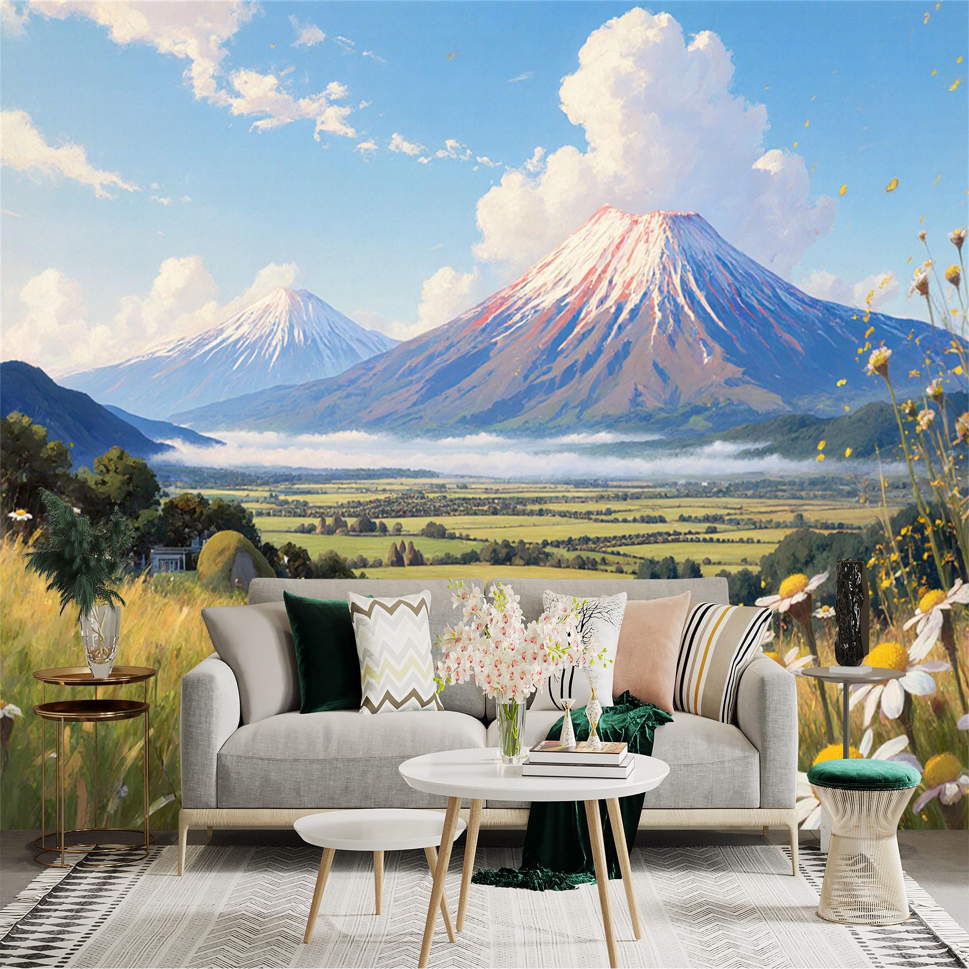 Lnzczhyre Xc260505229 Custom Size Wall Sticker Mural， Snow Capped Mountain Peaks， Rolling Meadow With Wildflowers， Scenic Valley Landscape， Sunny Blue Sky， For Wall Decoration， Peelandstick Wall Decals.