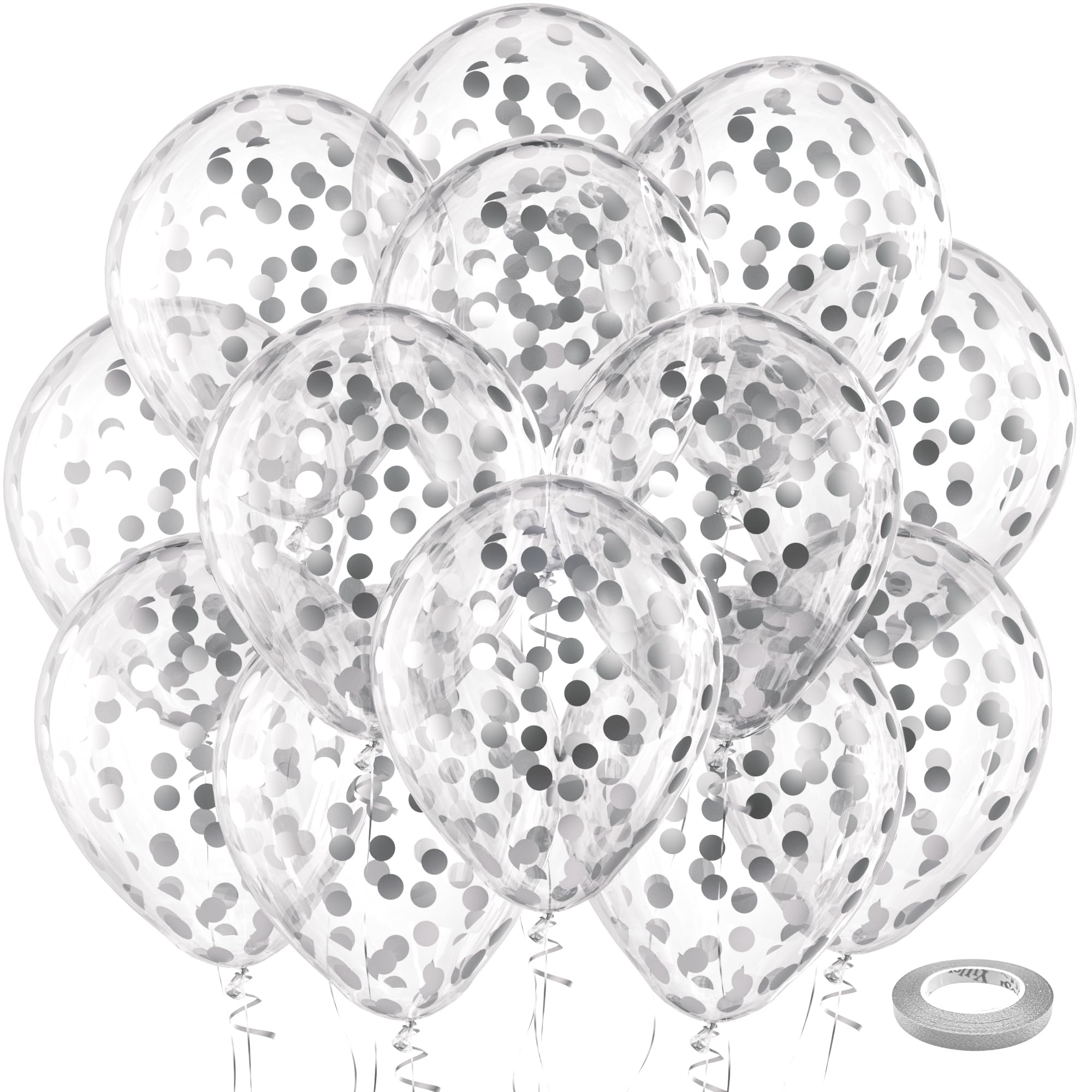 Bezente Silver Confetti Latex Round Helium Party Balloons 60 Pack 12 inch | Helium Silver Confetti Glitter Balloons for Wedding Graduation Birthday Engagement Party Decorations