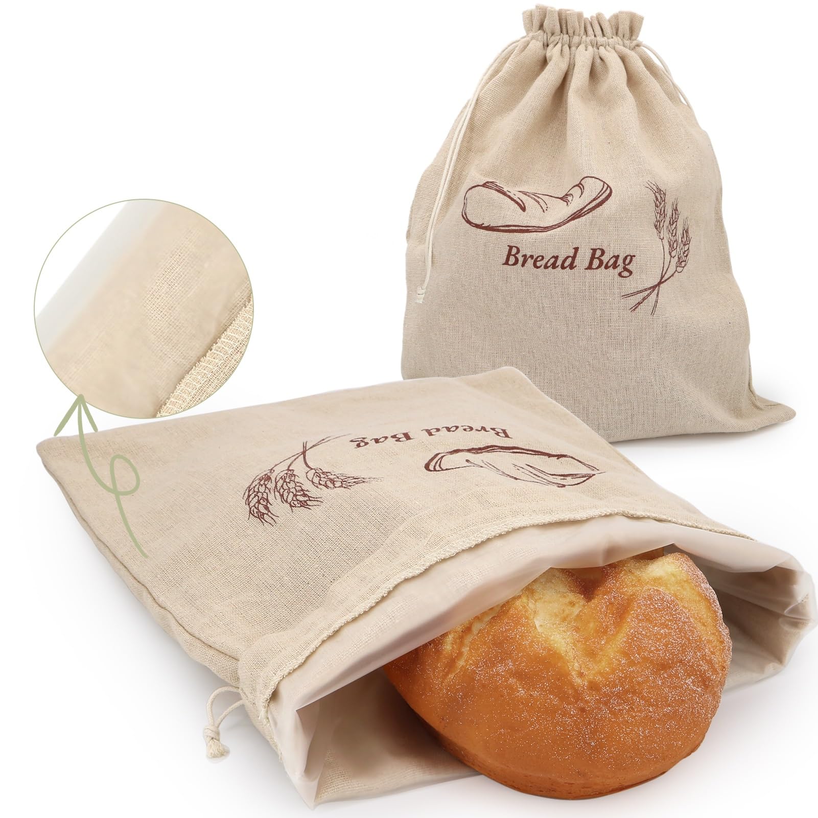 2Pcs Linen Reusable Bags for Homemade Sourdough Bread, Durable Bread Storage Keeper with Plastic Inner Lining, Gifts for Home Bakers - 12"x15"