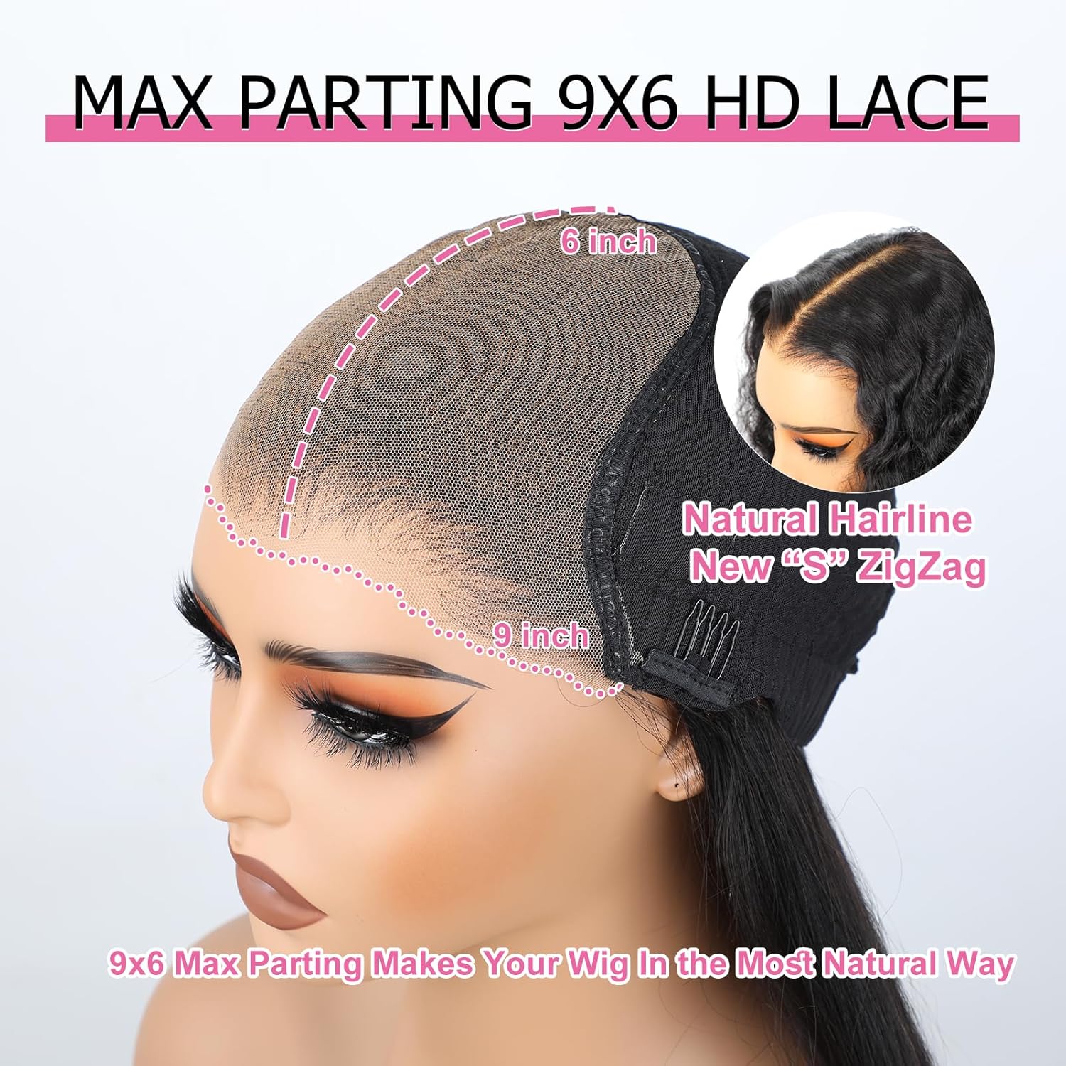 BLY Glueless Wigs Human Hair 9x6 M-Cap Wig Max Parting HD Lace Pre Cut Wig for Women Pre Plucked, Bleached Tiny Knots Deep Wave Curly Lace Front Wigs Wear Go 180% Density 18 Inch
