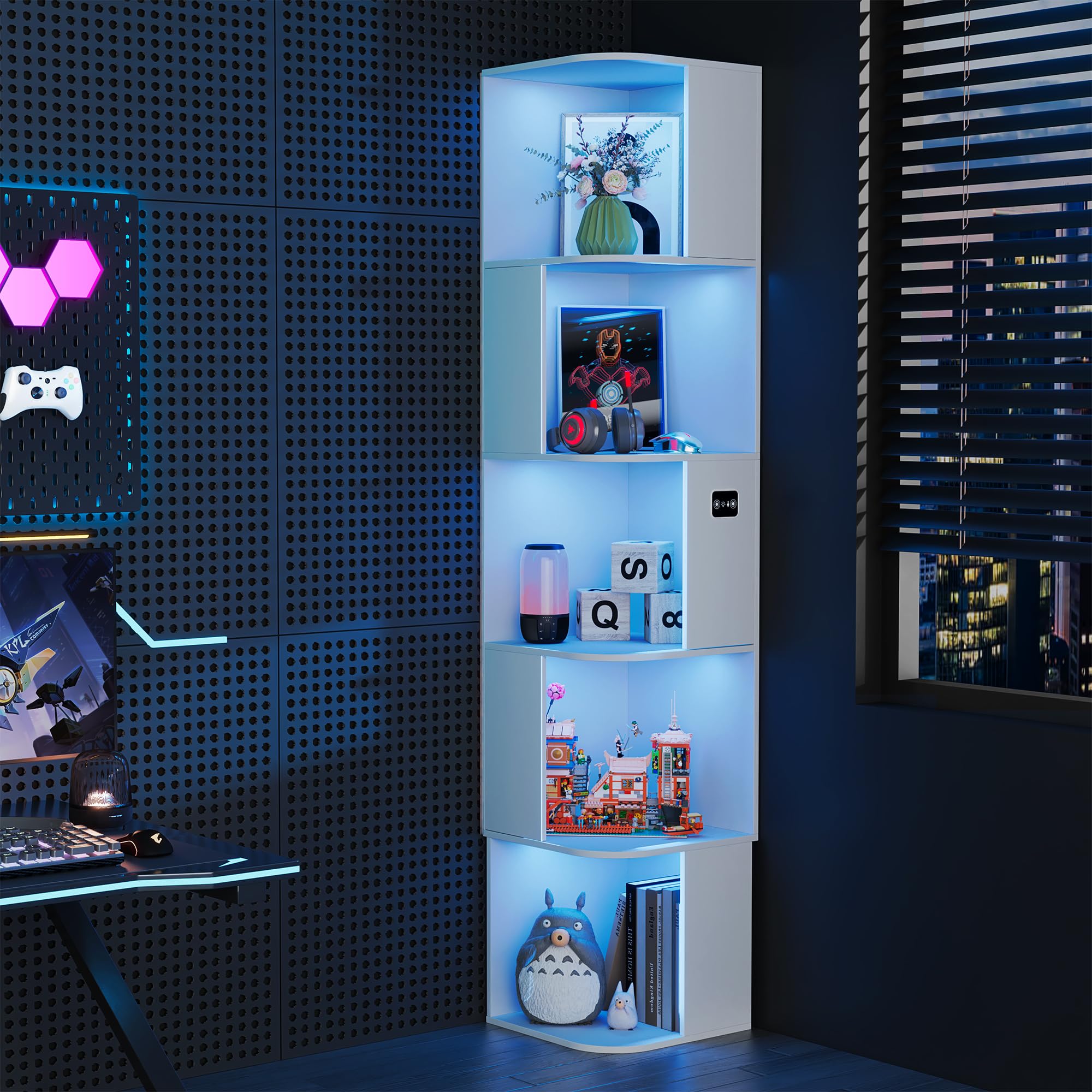Gurexl 165 CM LED Vitrina con Sensor,Armario de Colección de Esquina con 5 Niveles con 3 Colores LED,Estantería de Pie con Compartimentos Abiertos Asimétricos para Sala de Estar,Oficina,Blanco