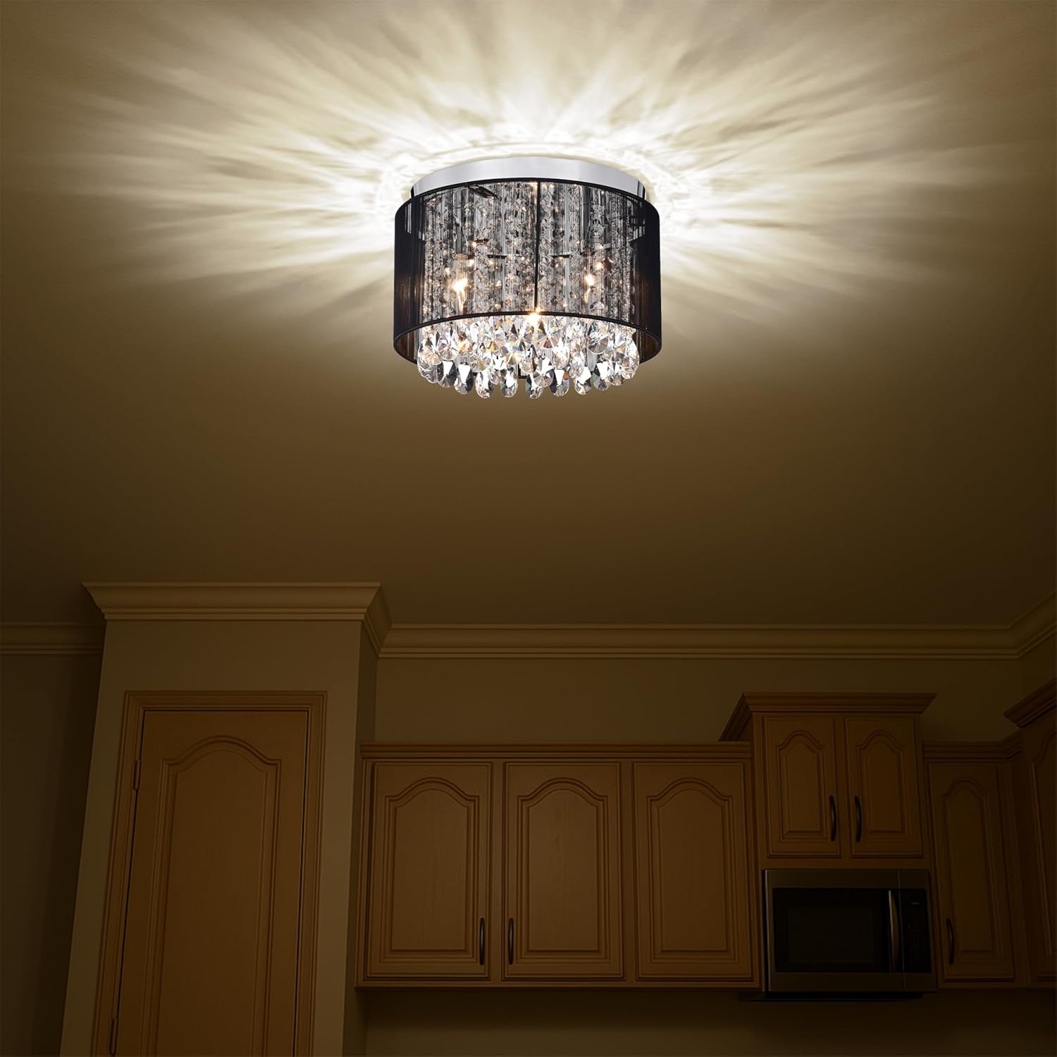 LaLuLa Black Mini Crystal Flush Mount Ceiling Light - 3-Light Drum Chandelier for Bedroom, Hallway, or Living Room, Small Modern Lighting Fixture with Crystal Accents