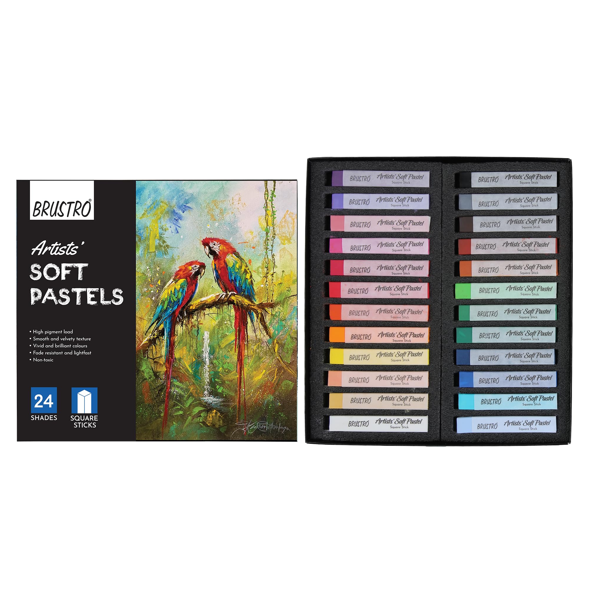 BRUSTRO Artist's Soft Pastels, Sticks - Set of 24 | Ideal for Layering, Blending, Scumbling, Vivid Colours, Intense Shades, Highly Pigmented, Fade Resistant Colors