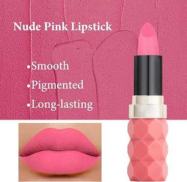 Light Pink Matte Lip Stick, Bright Pink Lipstick for Women, Long Lasting, Hot Color Smooth Full-Coverage Moisturizing Lipsticks, Waterproof Non-Sticky Tinted Lip Balm for Girls & Lady