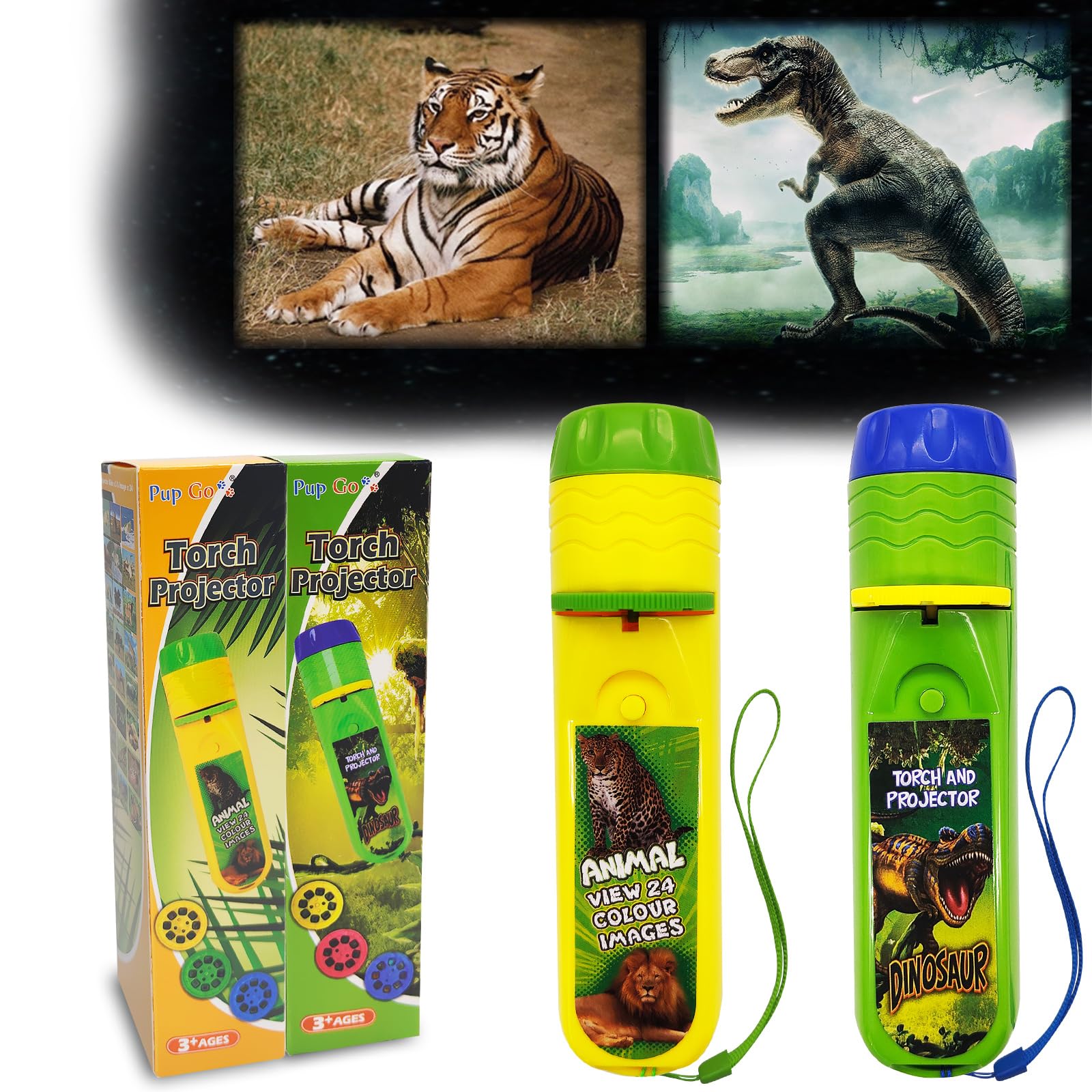 Pup Go Torch and Projector Toy for Kids Ages 3 4 5 6 7 8, 2 in 1 Dinosaur & Animal, 6 Discs and 48 Images, Educational Learning Toys Bedtime Night Light for Boys Girls Children(Dino+Animal)