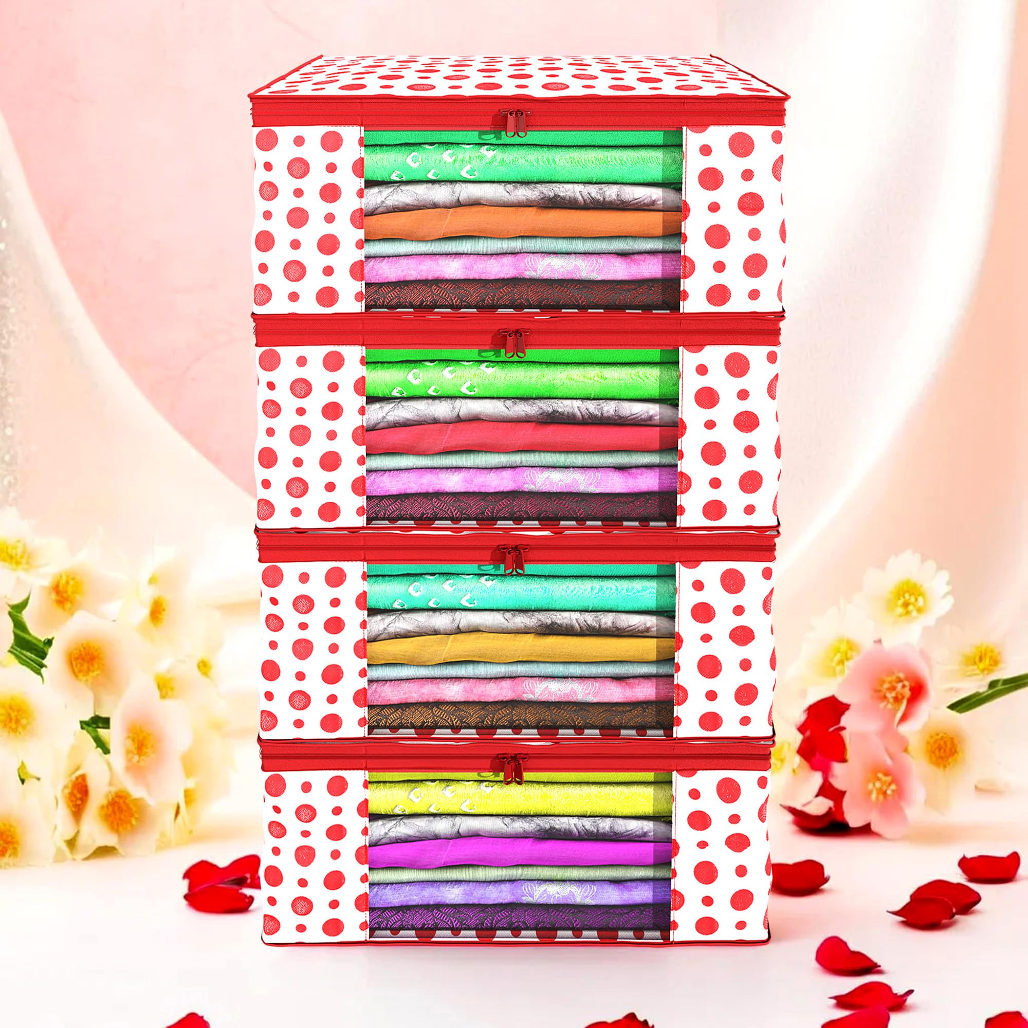Kuber Industries (Pack of 24) Saree Covers | Non-Woven Saree Bags | Foldable Storage Bag for Almirah & Wardrobe (9 Inch) Clothes Bag for Women (Polka Dot) Sari Cover Bags | Red