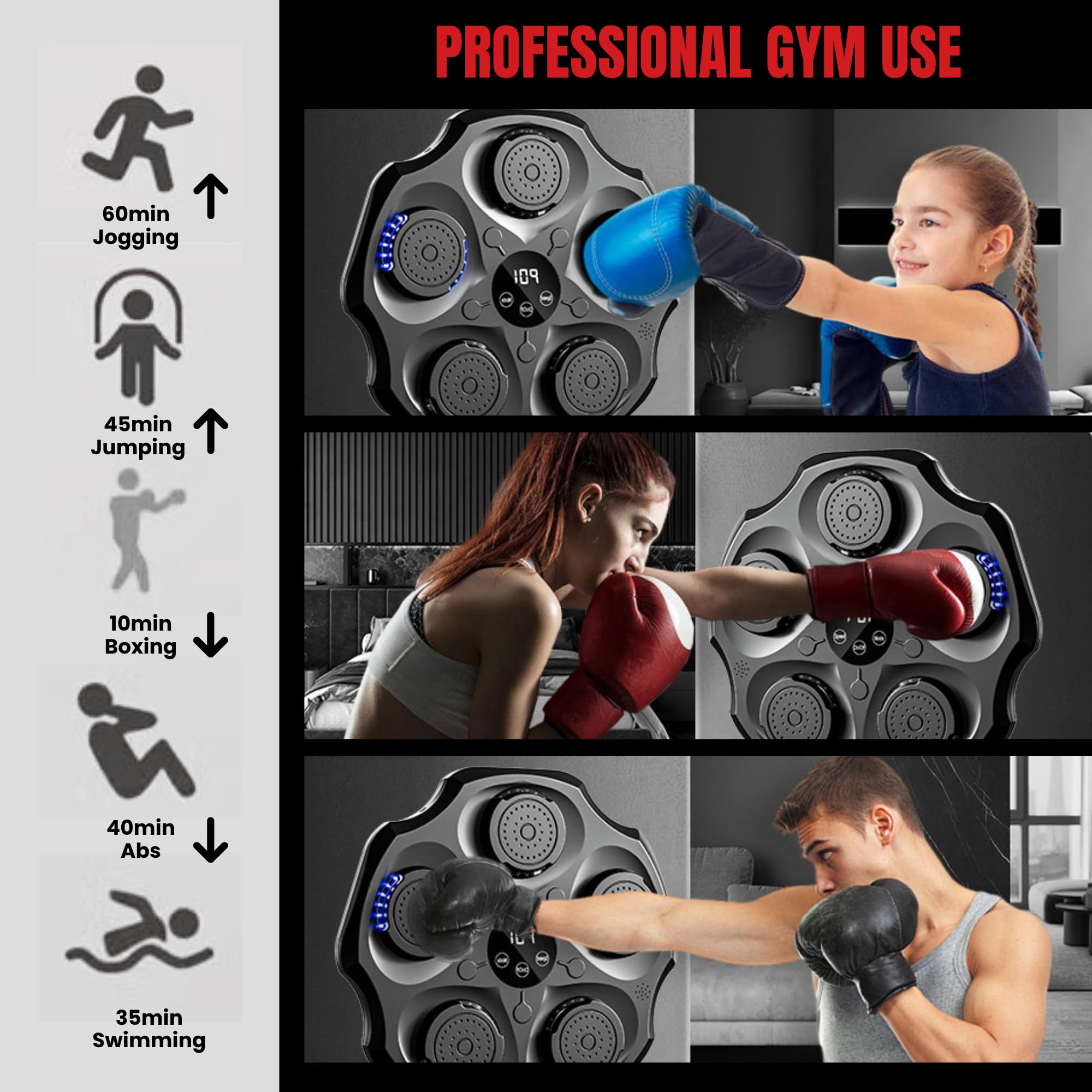 Macchina da Boxe Musicale. Attrezzatura da Allenamento da Parete con LED, Guantoni da Boxe, Bluetooth e Luci a Ritmo di Musica per Bambini/Adulti. (9 modalità, 43x43 cm)