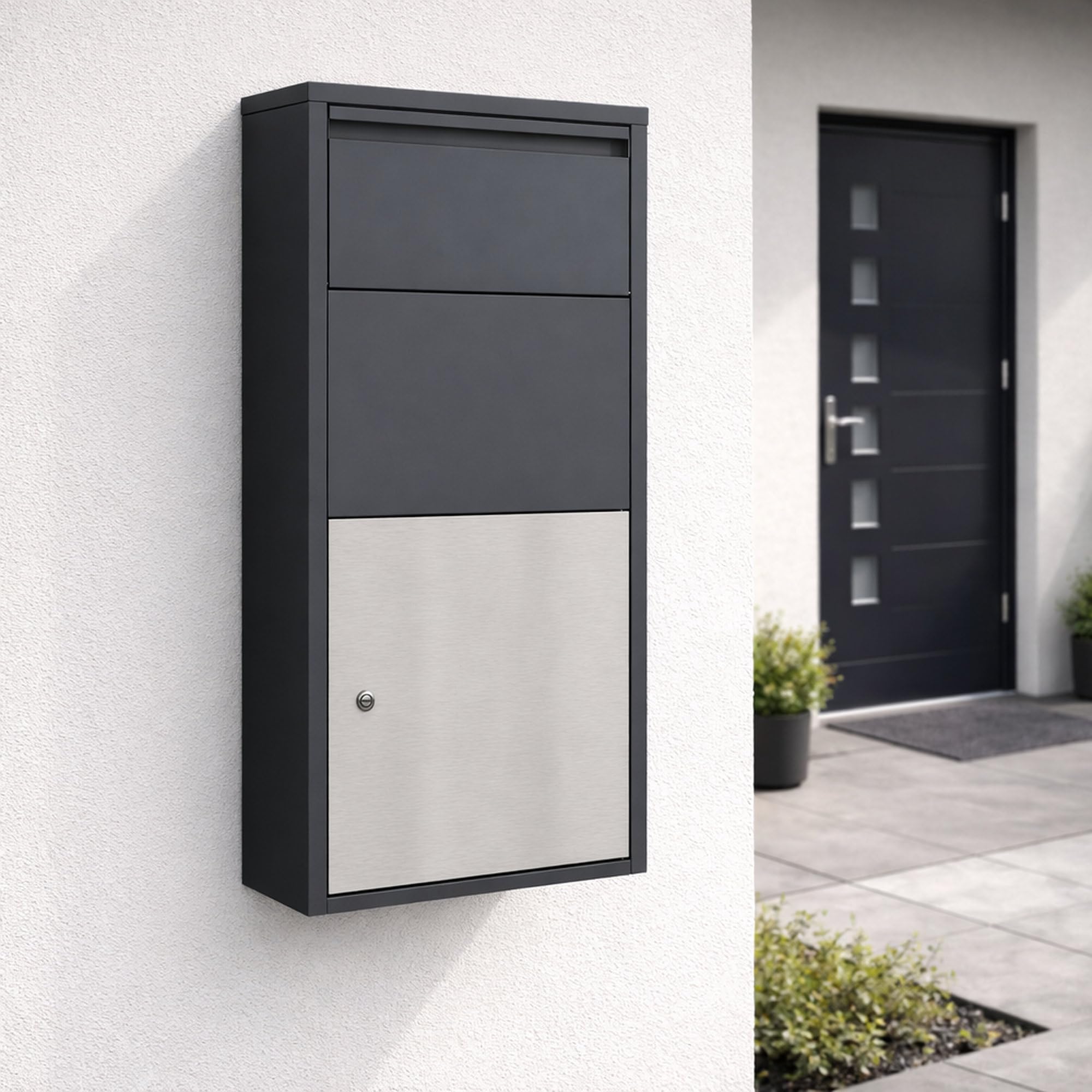 Zelsius Briefkasten mit Paketfach | Edelstahl, Anthrazit RAL 7016 | pulverbeschichteter Stahl | integrierte Rückholsperre | Wandmontage, Bodenmontage | Paketbriefkasten, Paketbox, Parcel Box