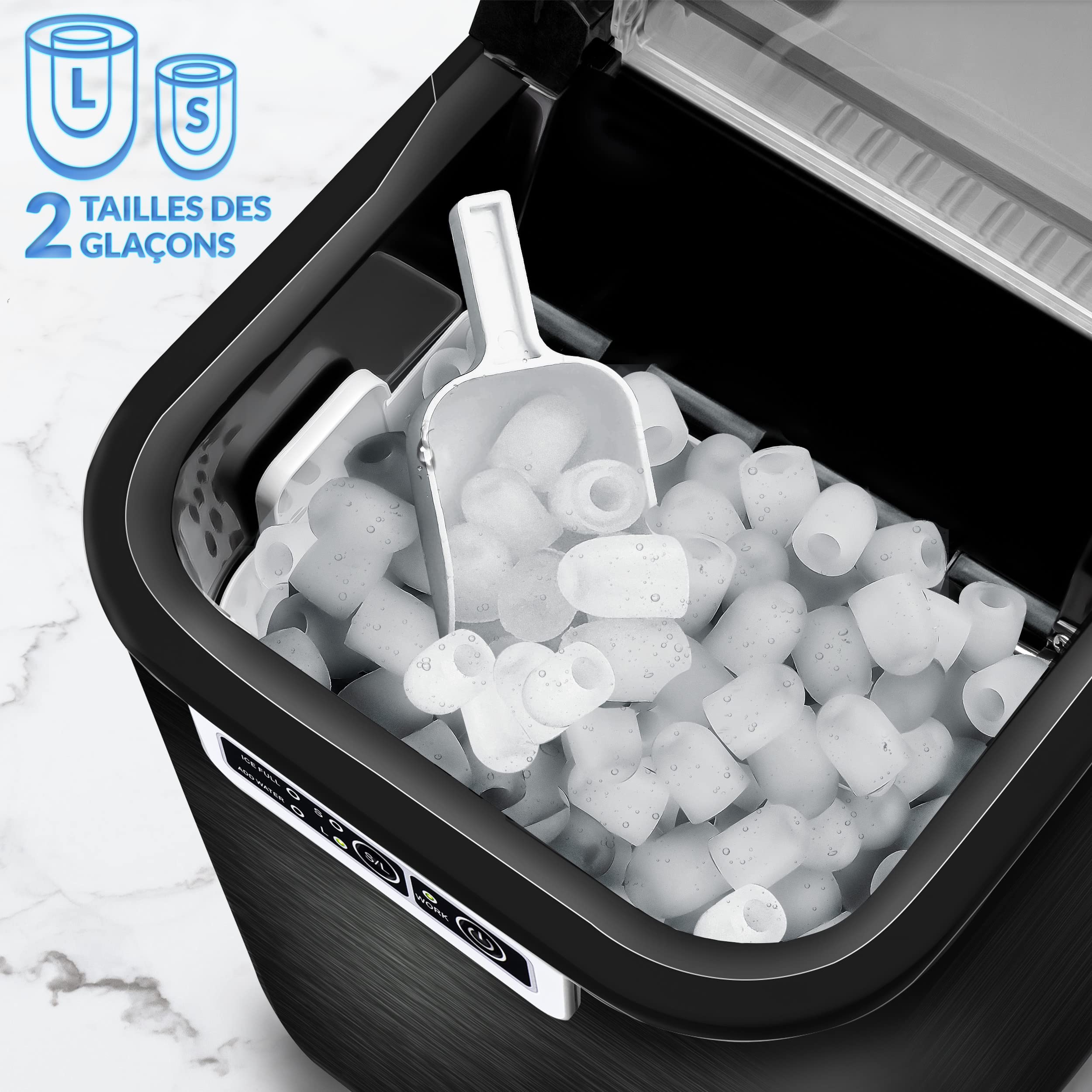 tillvex Machine à glaçons en inox 12 kg - 24 h | Préparation de glaçons réservoir 2,2 litres | Ice Maker écran LED et nettoyage automatique | 2 tailles de glaçons
