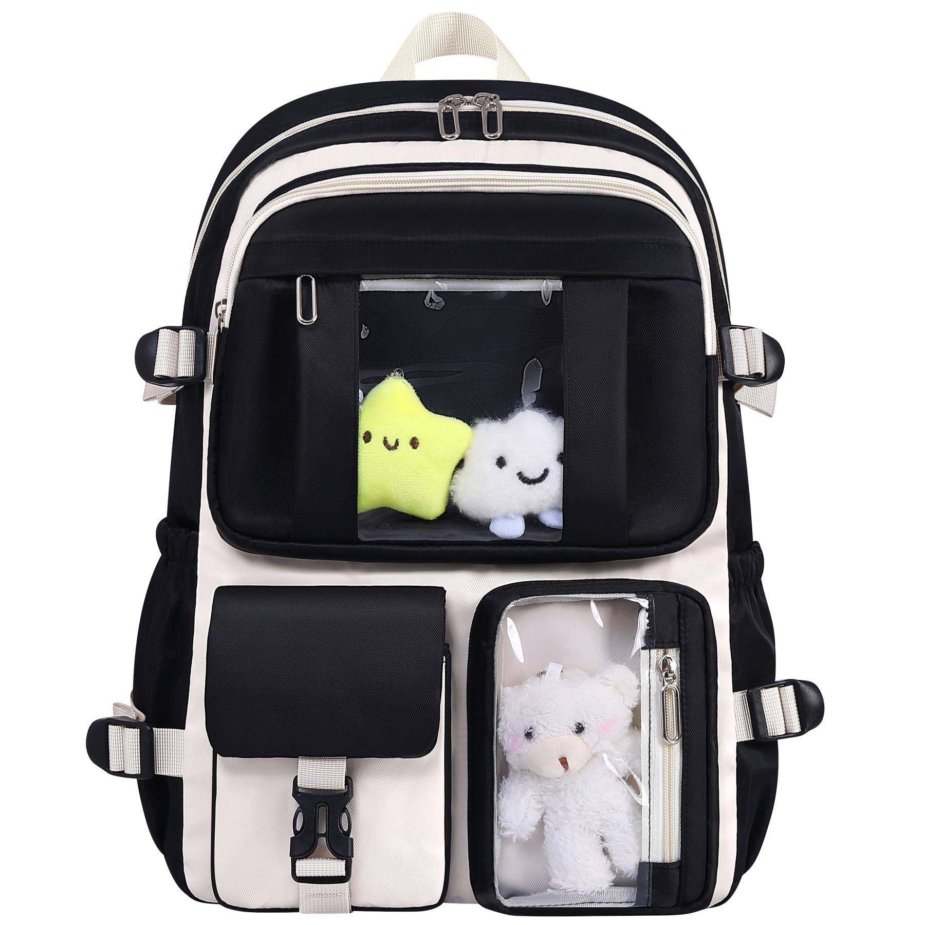 HORHEAR Kawaii Backpack for School Girls Cute Bag with Kawaii Stuff Bear Pendant Backpack Aesthetic for Kids Black Bag