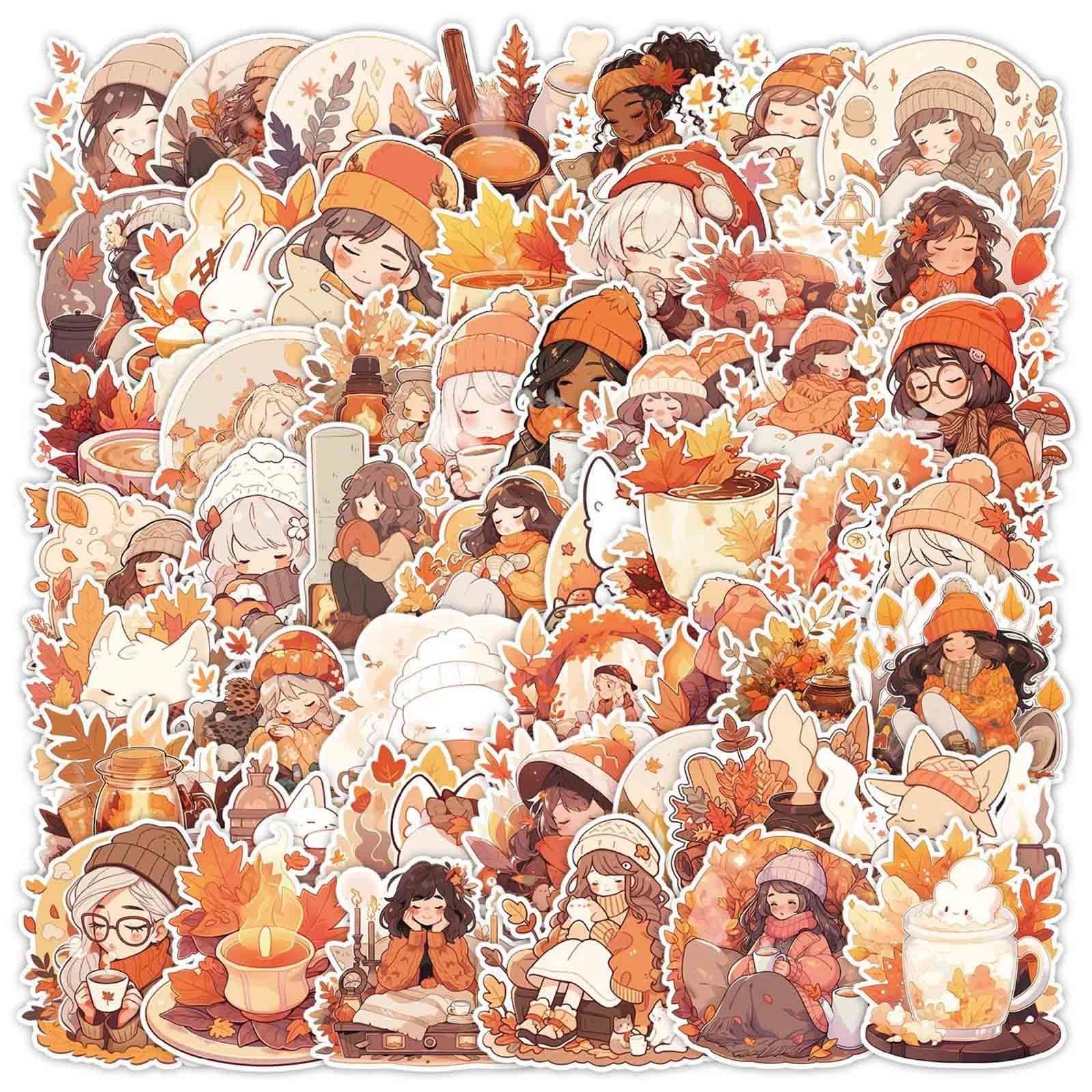 Jootuepo Orange 50 Pcs Autumn Stickers Thanksgiving Fall Maple Leaf Vinyl Waterproof Stickers For Laptop Car Scrapbook Phone Skateboard Water Bottle Phone Kids Teens