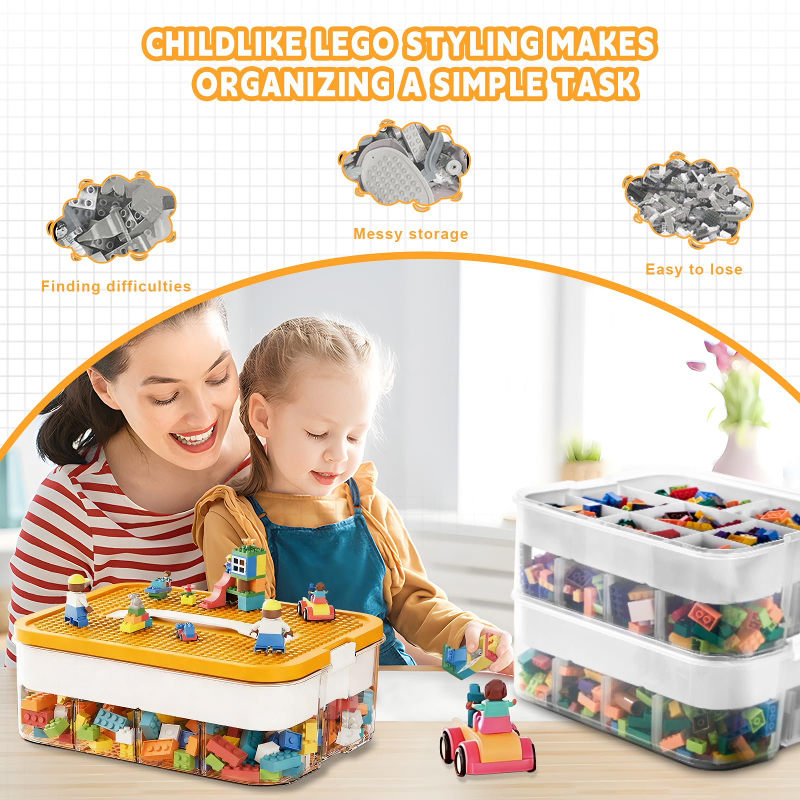 DingGreat Dreifach Aufbewahrungsbox für Lego Bausteine Ablagefächer Stapelbar Kisten Spielzeug Aufbewahrung mit Deckel Stapelboxen Kunststoff Sortierboxen Kleinteile Transparent (box only, gelb) Küche, Haushalt & Wohnen
