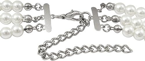 Miniatura 2 de Gargantilla de perlas de imitación de 3 hebras, acabado rodio, perlas redondas de 0.23 pulgadas, 13 pulgadas de largo más cadena extensora de 3