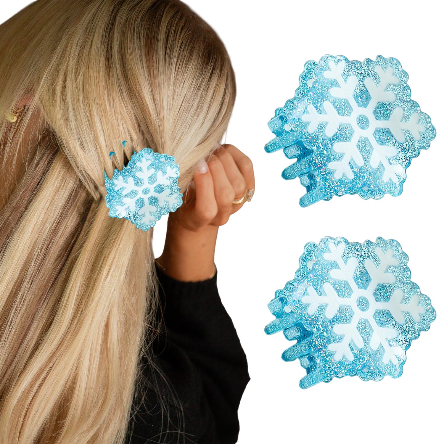 2Pcs Christmas Hair Claw Clips for Thick Hair And Thin Hair Winter Snowflake Hair Clips Blue Glitter Xmas Hair Barrettes Acrylic New Year Hair Accessories Cute Snowflake Shark Clip for Women