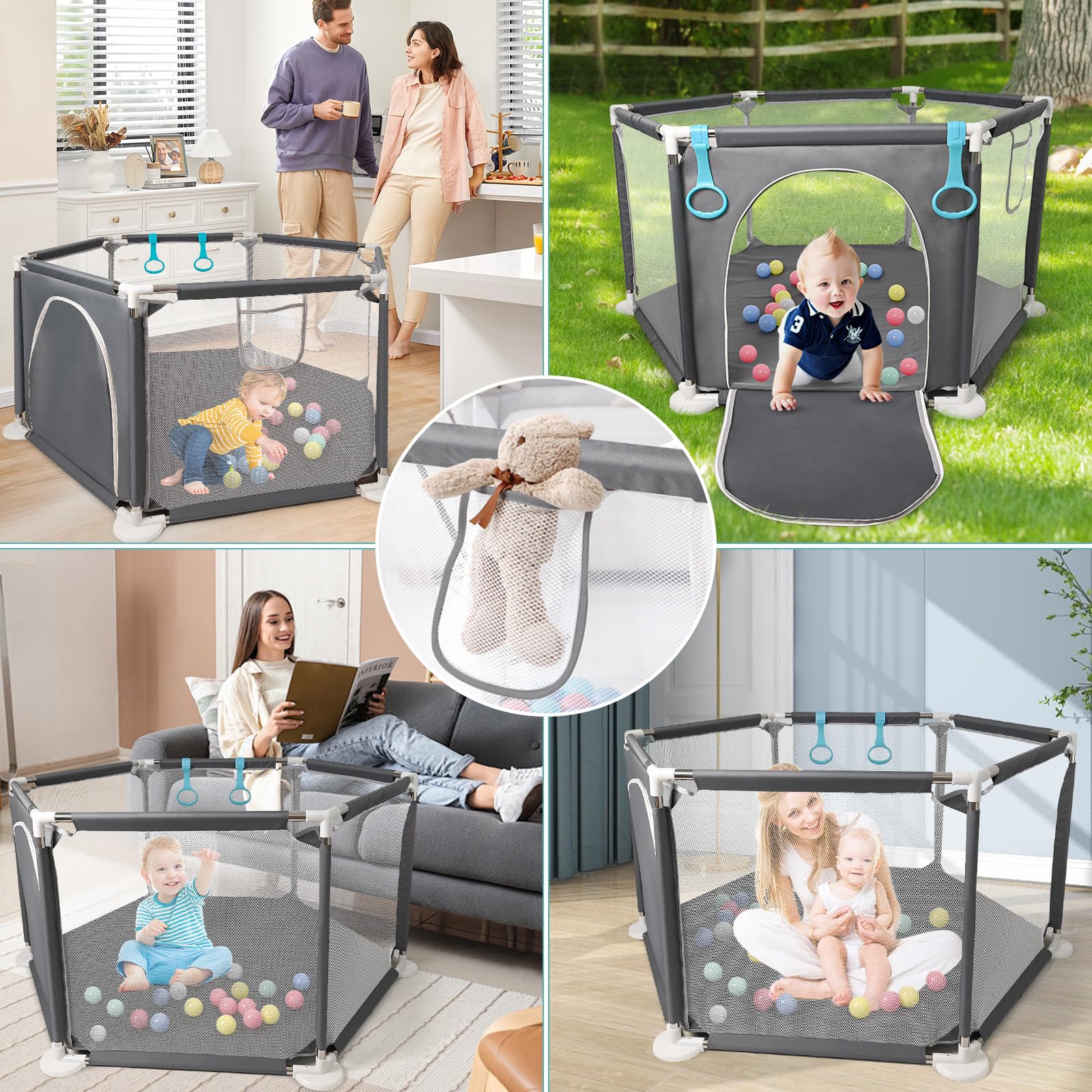 CHOLY Box esagonale per neonati con rete traspirante, recinzione attività bambini, borsa viaggio grigio scuro