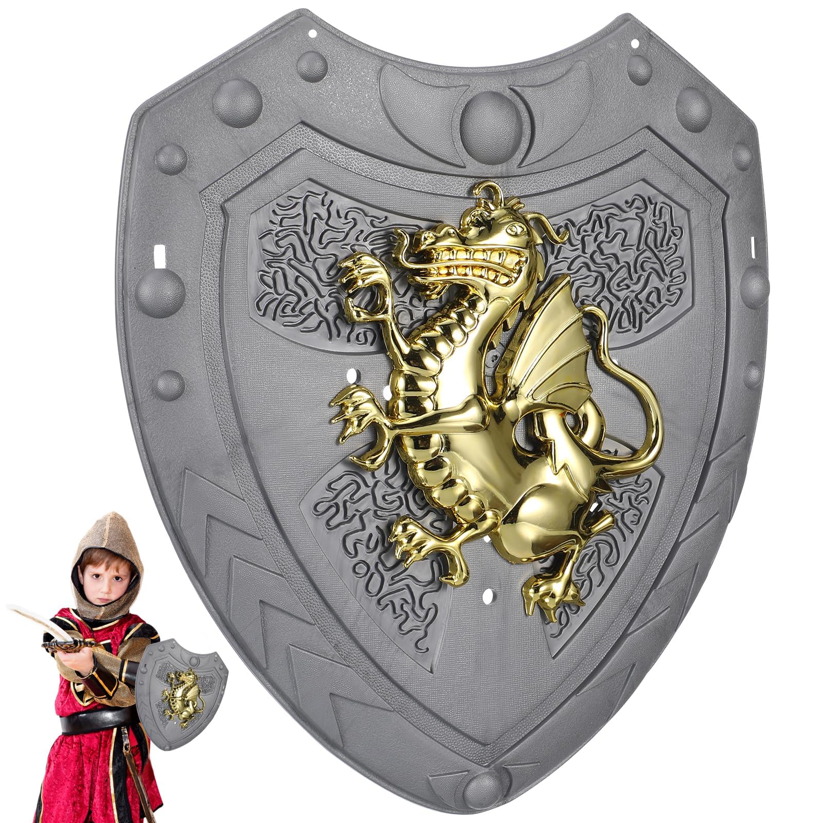 TOYANDONA Medieval Knight Shield Toy for Kids - Vintage Dragon Cosplay Shield with Hand Strap, Plastic Soldier Warrior Pretend Play Costume Accessories for Halloween, Carnival, Stage Props (Silver)