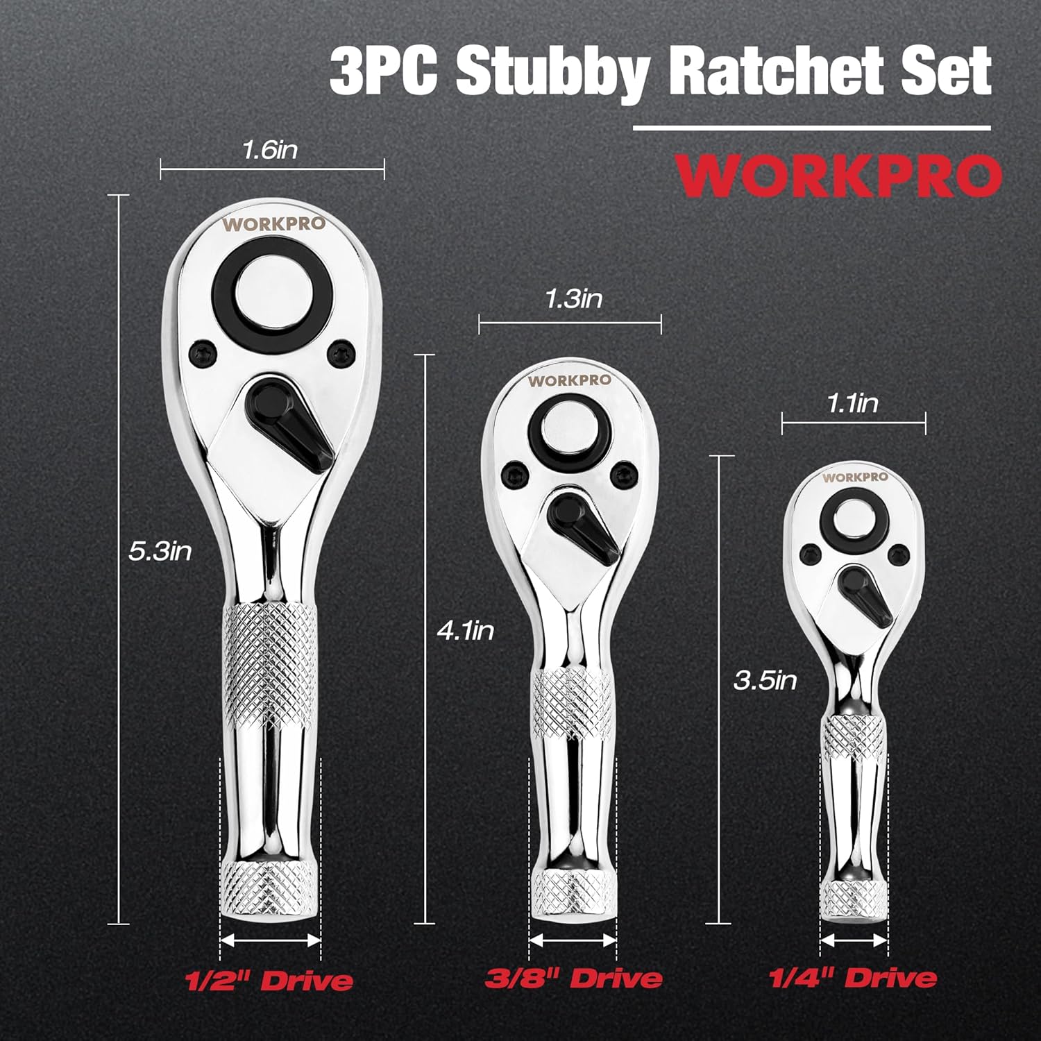 WORKPRO 3-Piece Stubby Ratchet Set, Quick Release Reversible, 1/4", 3/8", 1/2" Drive Mini Ratchet Handles, Chrome Alloy Made, CR-MO Head, 72-Tooth, Full Polished