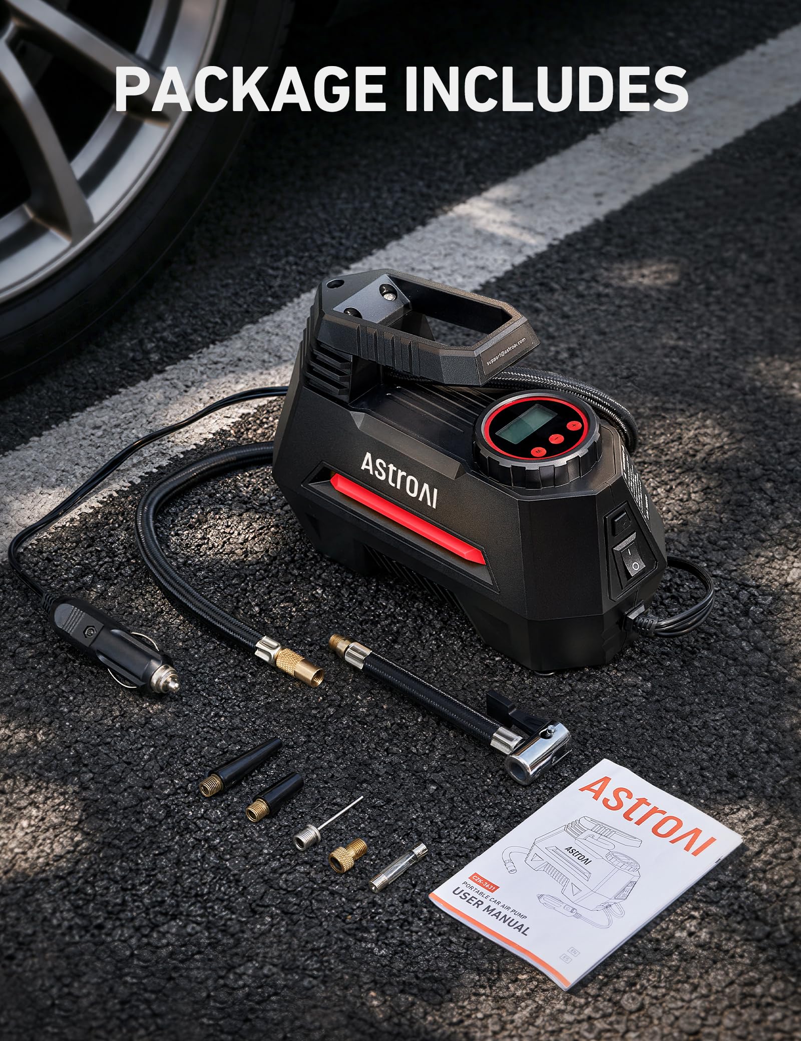 AstroAI AIRUN H Tire Inflator Portable Air Compressor, 12V DC Tire Inflator, Auto Shut-Off with Digital Pressure Gauge & LED Light, Fast Inflation for Car, Motorcycle, Bike Tires, 9.8Ft Cord, Red view 8