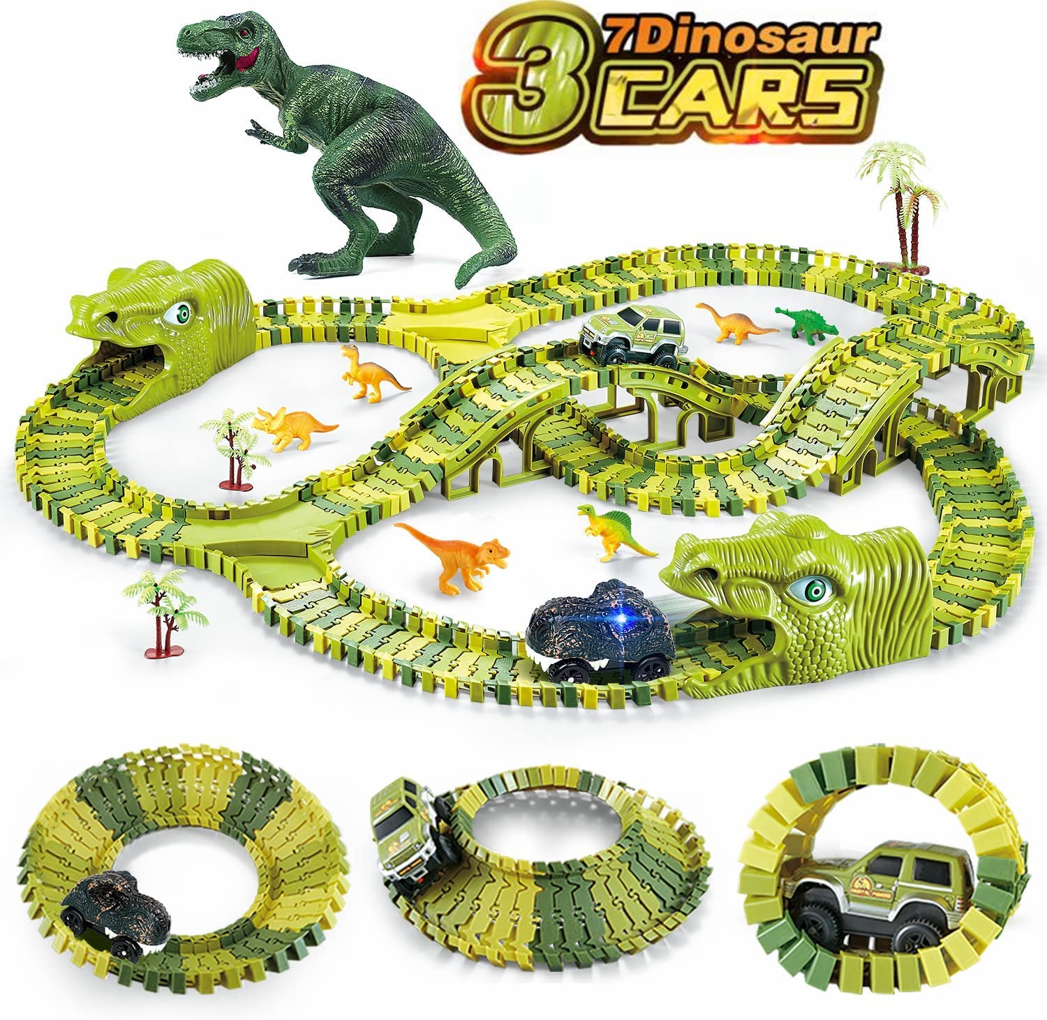 burgkidz Giochi di Dinosauri Pista da Corsa, 260 Pezzi Tracce Playset con 3 Auto e 7 Giocattoli, Regalo Educativo per Bambini