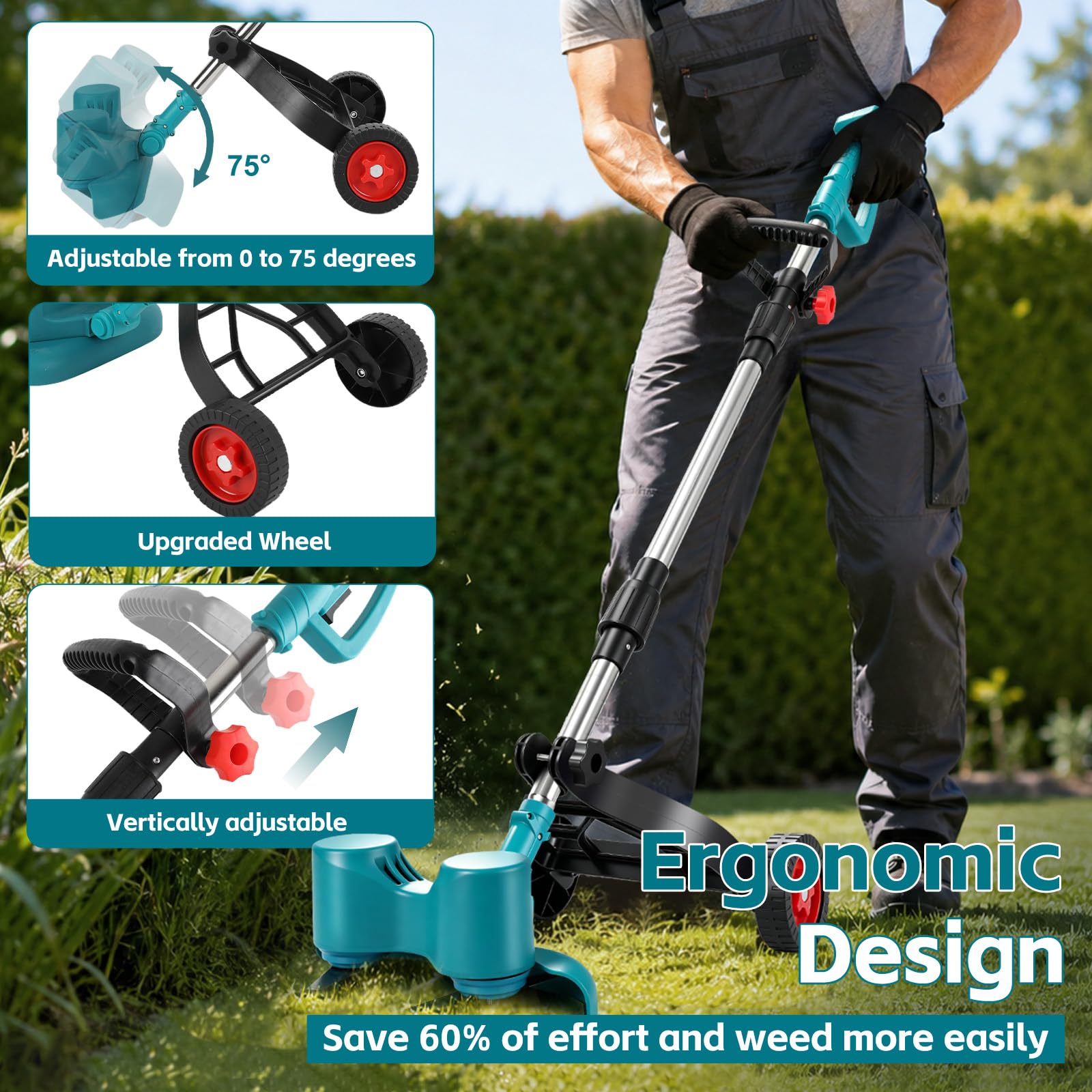 Desbrozadora inalámbrica con batería de 3000 mAh y cargador, 15000 rpm, cortacésped giratorio de doble cabeza con 6 cuchillas + rueda de apoyo, plegable y portátil, para jardín y malas hierbas