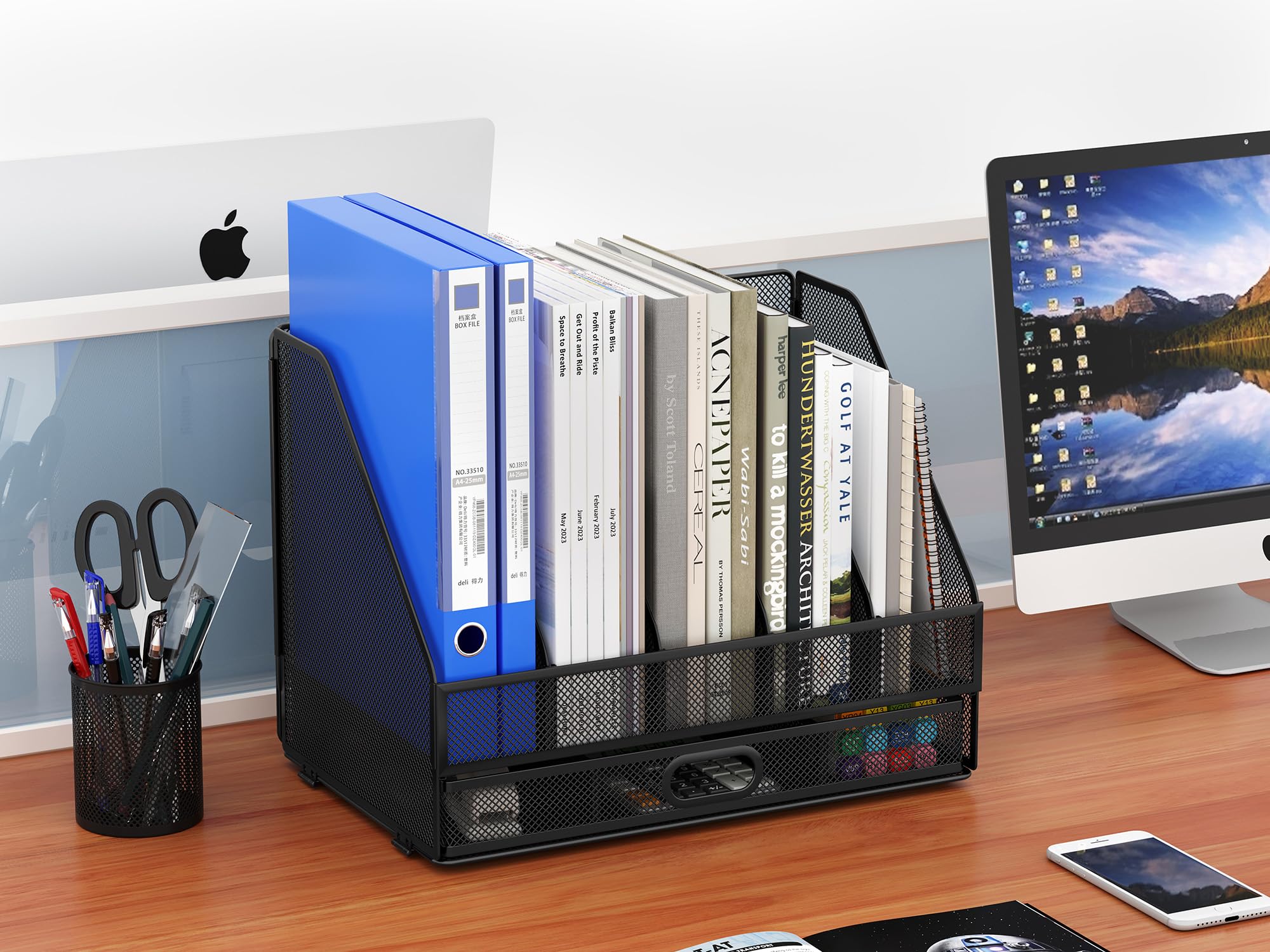 Porte-Revues EasyPAG 5 Compartiments Métal - Range Documents A4, Bureau, Blanc