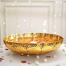 BEHOMA Golden Aluminium Lotus Design 12 inches Urli Indoor Outdoor Center Table Flower Decorative Bowl for Home Decor, Urali Ganesh Chaturthi Navratri Pooja Onam Deepawali Decoration, 1 Pc, 1000 ML