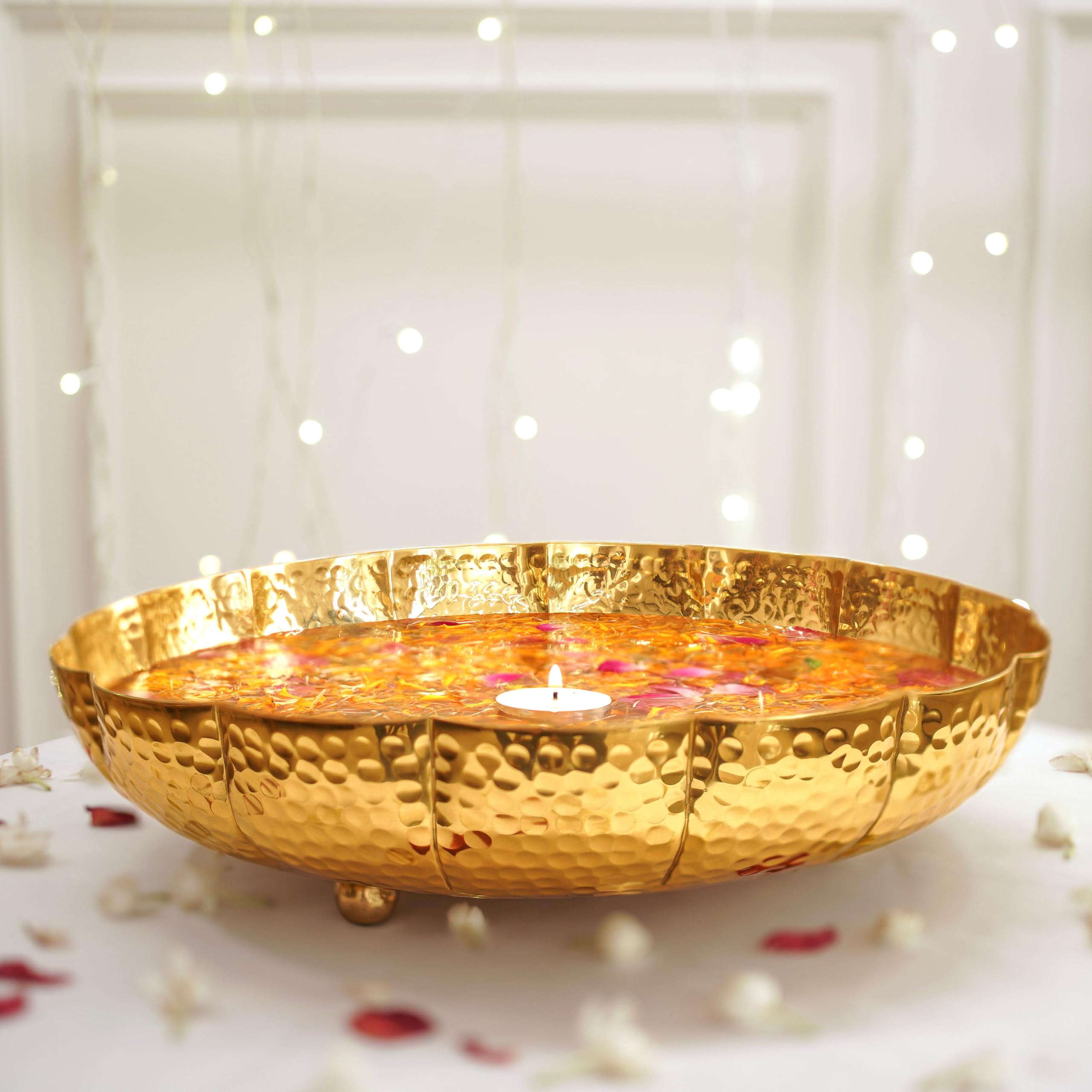 BEHOMA Golden Aluminium Hammered Lotus Design 12 inches Urli Indoor Outdoor Center Table Flower Decorative Bowl for Home Décor, Urali for Haldi, Pooja, Mehandi, Wedding and Holi Decor, 1 Pc, 1000 ML-image-20