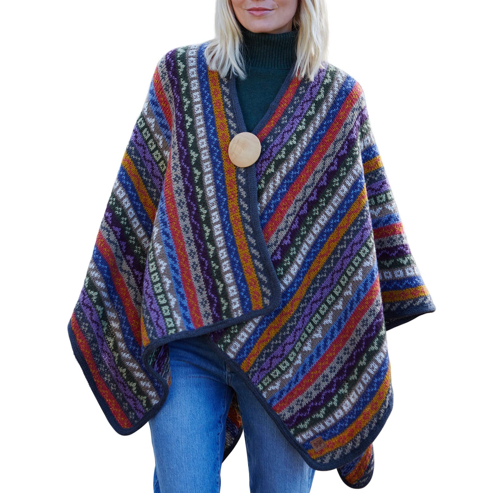 Pachamama Women Wool Wrap Handknitted Fair Isle Multicoloured Stripe One Size Handmade Winter Thermal Extra Warm Shawl Cape Fair Trade