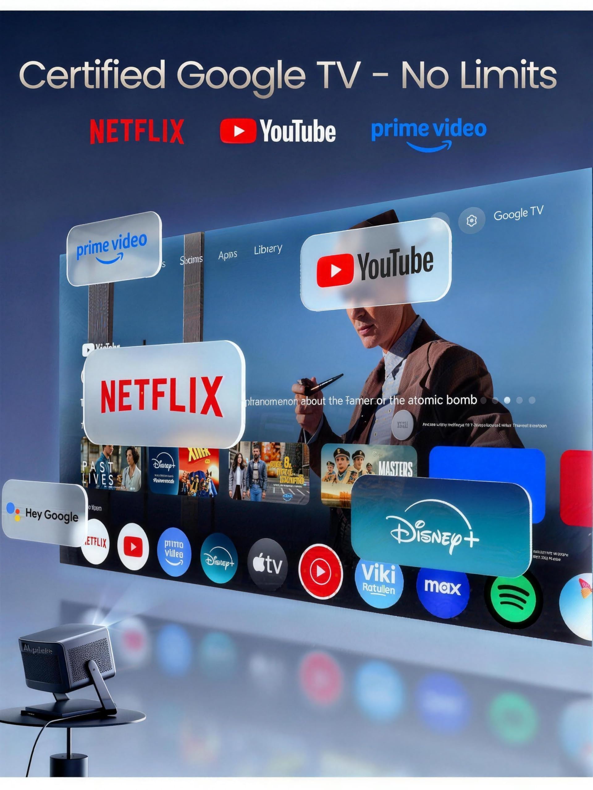 Dangbei DBOX02 Pro 4K Beamer mit Google TV & Netflix, 2000 ISO Lumen, HDR10+, Dolby Audio, 3D Ready, Auto Keystone/Fokus, 300" Bild, WiFi & Bluetooth – Videoprojektor Heimkino für Wohnzimmer & Garten