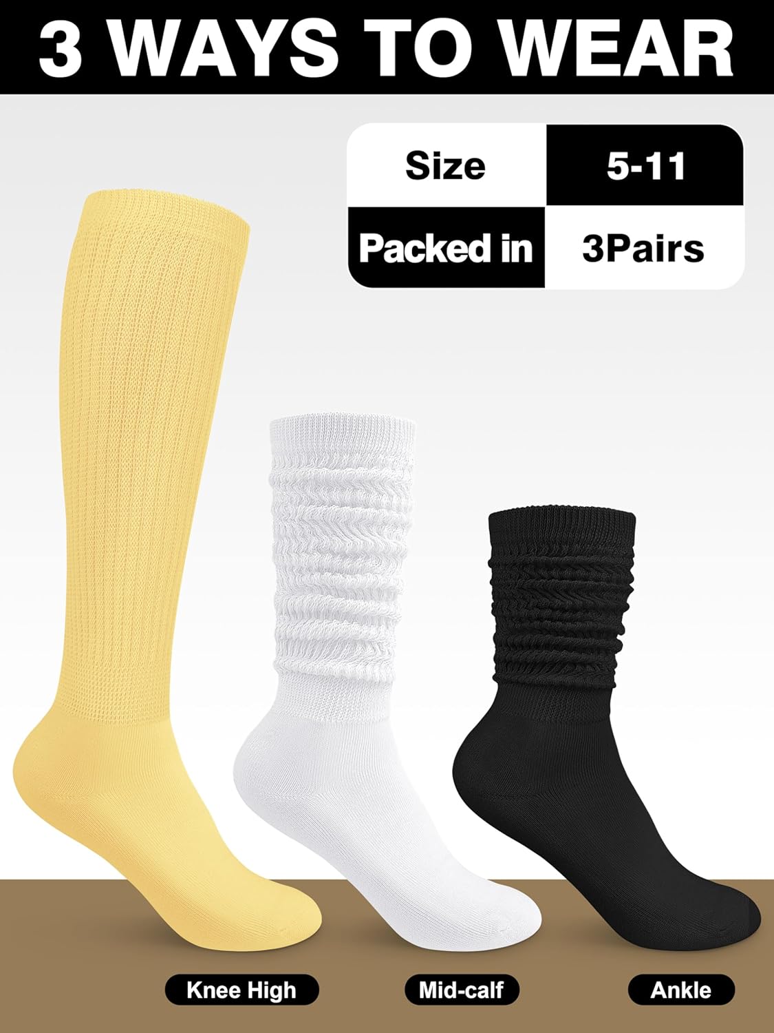 3/6 Pairs Womens Slouch Socks Soft Breathable Scrunch Knee High Extra Long Boot Socks Retro Comfortable Size 5-11 - Image 2