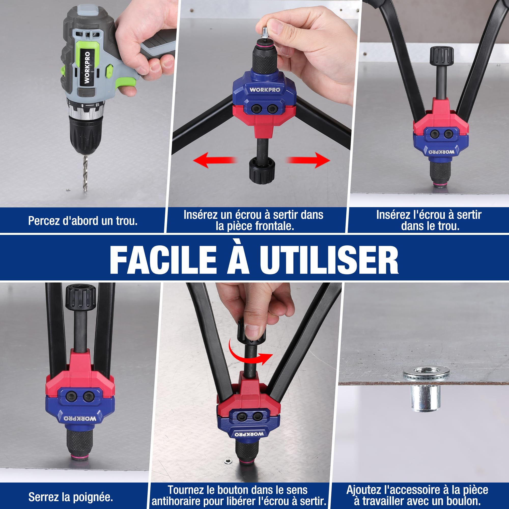 WORKPRO Outil à riveter, 40,6 cm avec 11 mandrins métriques et SAE, ensemble d'outils à rivets manuels avec 185 rivets filetés, riveteuse manuelle avec étui de transport | avec 11 Mandrins Métriques et SAE, Assortiment de 185 Écrous à Sertir, Mallette de