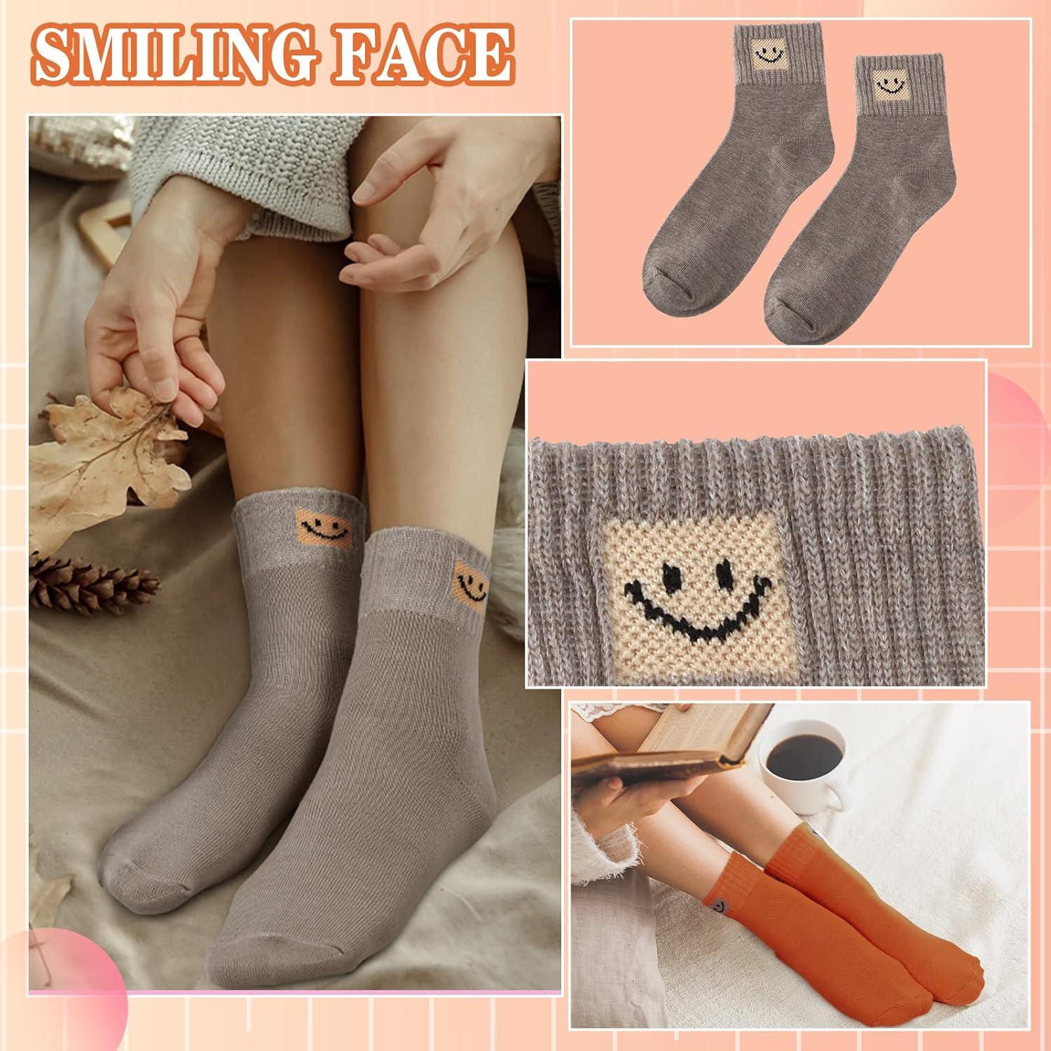 Funtery 20 Pairs Ankle Socks for Women Crew Elastic Ankle Gift Smiling Elastic Length Cotton Cute Crew Socks