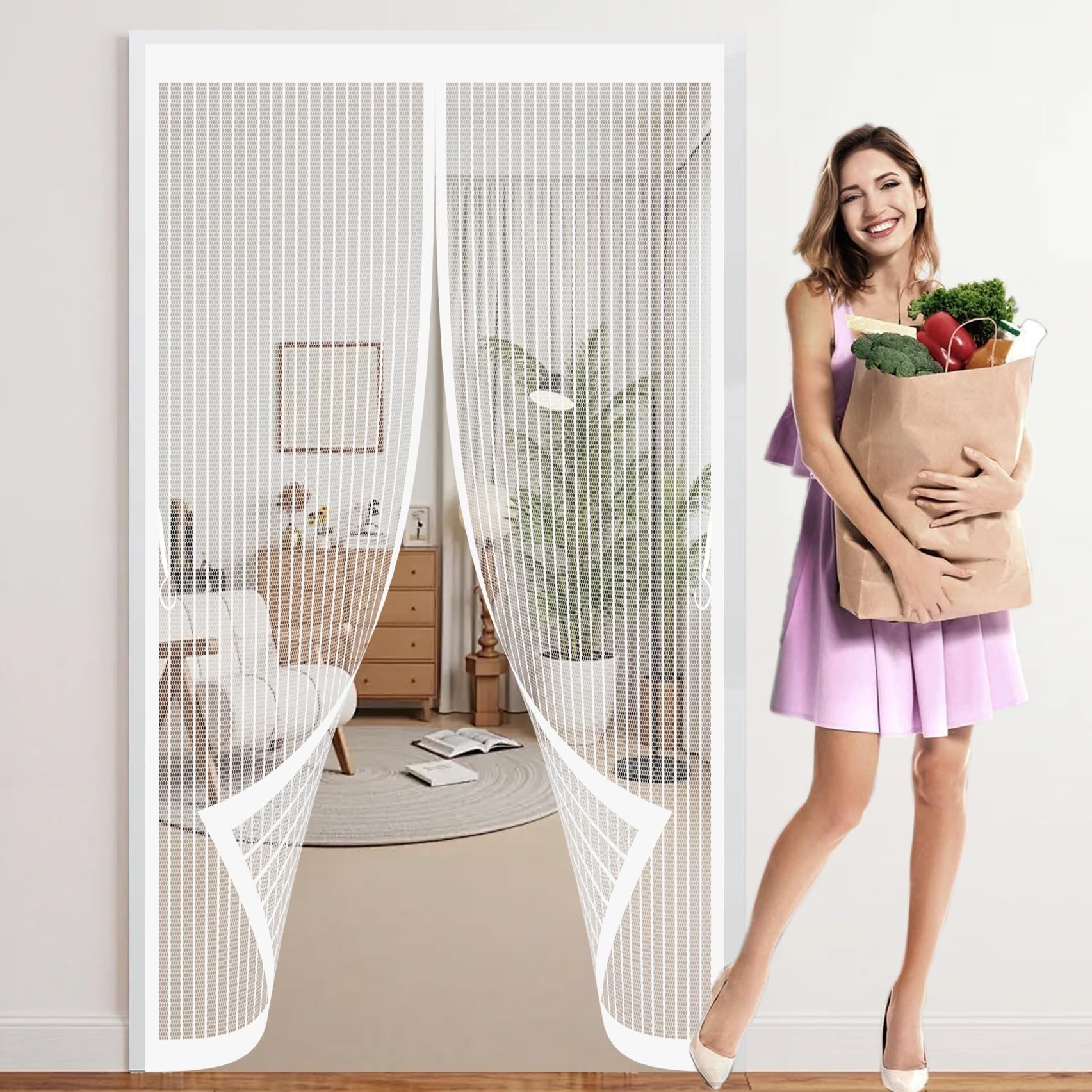 Door Fly Screen Curtain 250 x 240 cm with Powerful Magnets & Full Frame Magic Tape, Keep Bugs Out & Lets Fresh Air in Heavy Duty Fly Curtains for Patio Doors Balcony, White