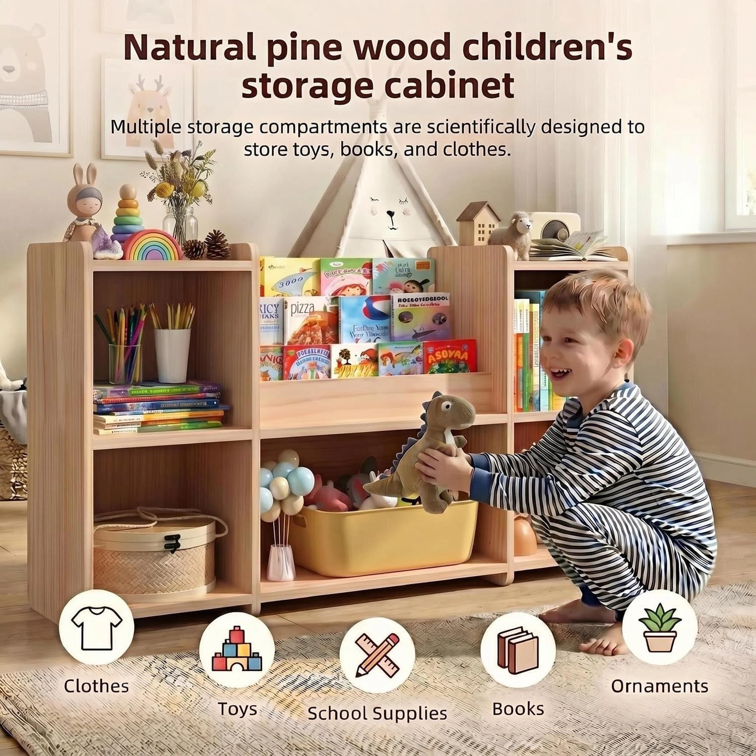 Wooden Storage Cabinet, 5-Section Montessori Bookshelf, Storage Organizer Book Shelf for Kids Rooms, Classroom, Playroom, Nursery, Preschool Book Shelves (43.3" W*11.4D*23.6" H)