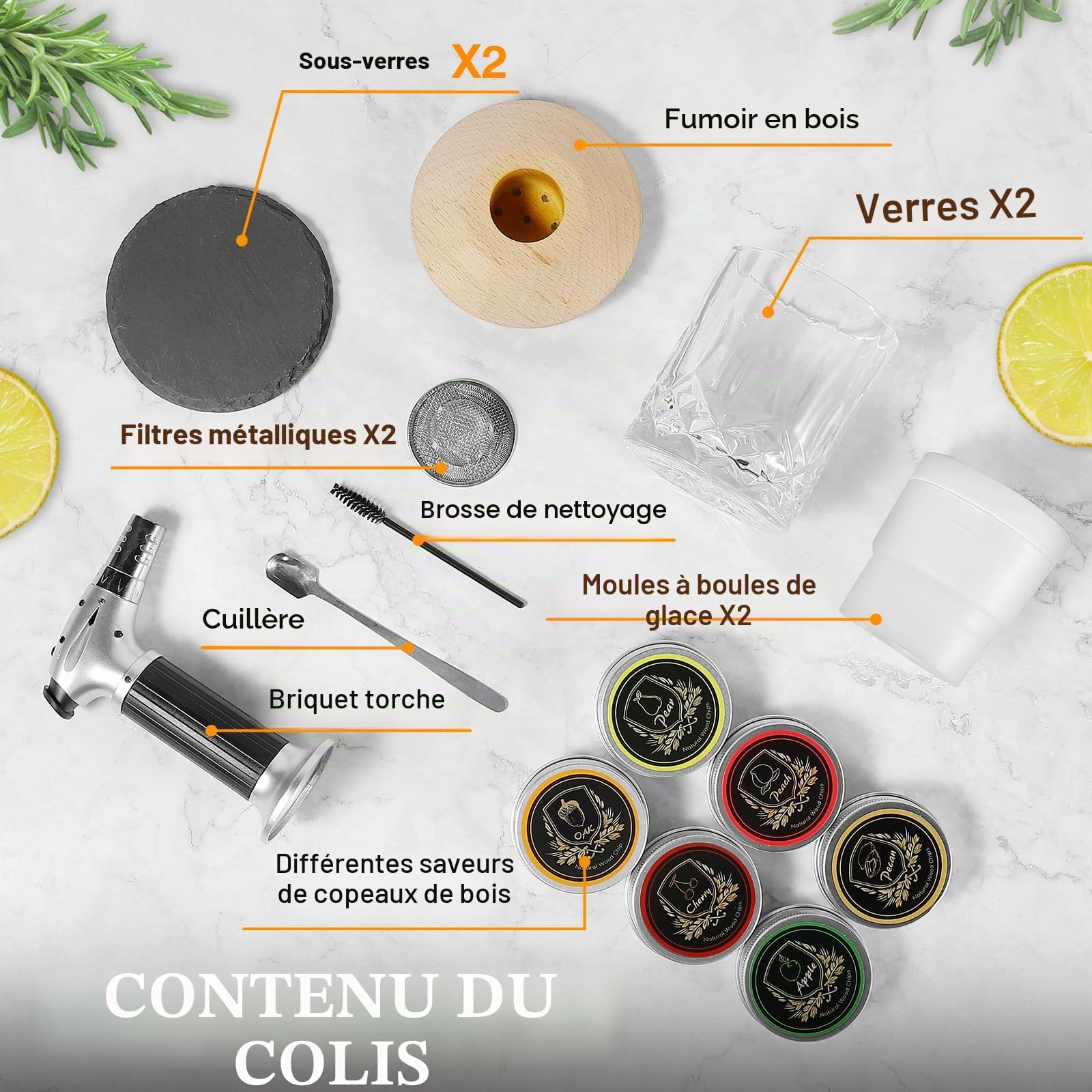 Kit fumoir à whisky avec torche, 2 verres, 6 saveurs de copeaux de bois, 2 moules, infuseur traditionnel, cadeau père, mari