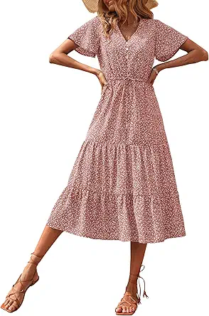PRETTYGARDEN Summer Floral Dress for Women 2025 Casual Boho Short Sleeve Maxi Dresses V Neck Tiered Flowy Beach Sundress