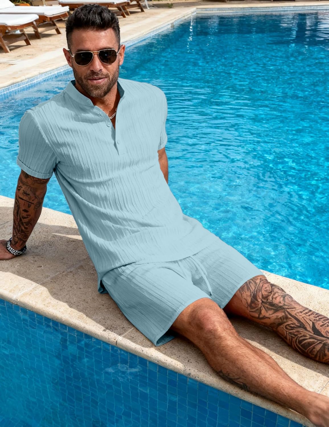 Bealin Men's Summer Beach Outfits 2 Piece Vintage Short Sleeve Henley Shirts and Shorts Vacation Texture Sets - Image 5