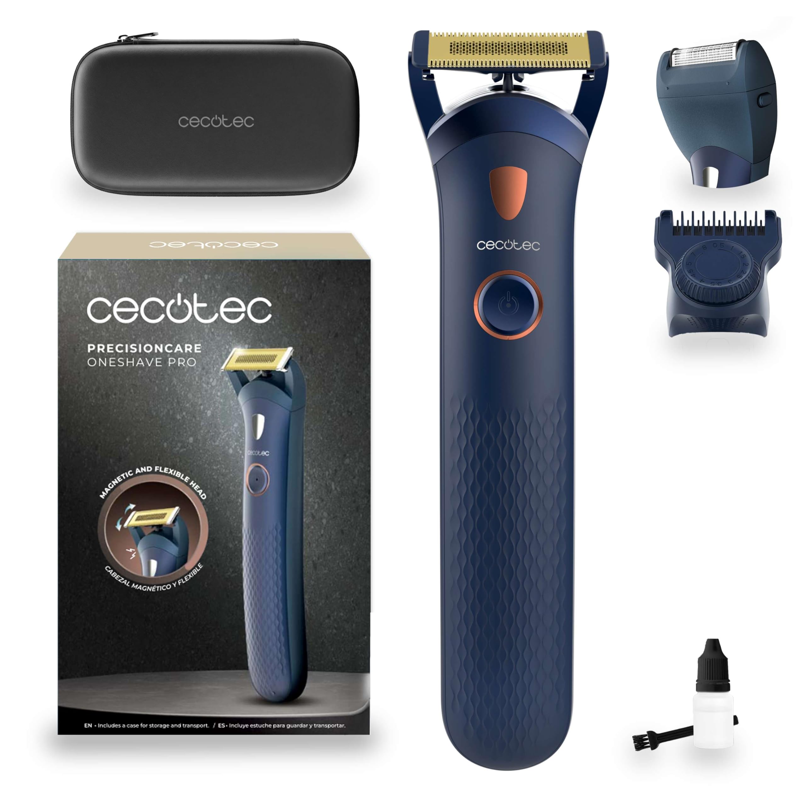 Cecotec PrecisionCare OneShave Pro Beard Trimmer, Stainless Steel Blades, Magnetic and Flexible Head, LED Light, 1 Adjustable Comb, 1 Laminal Head, Case, IPX7