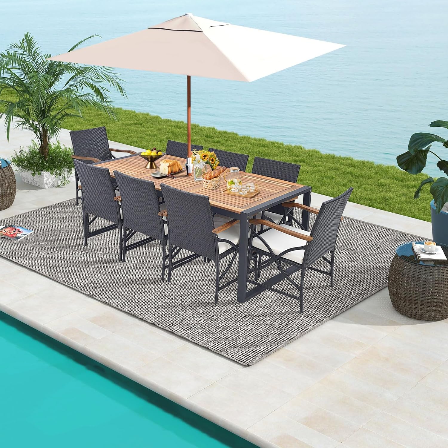 Tangkula 9 Pieces Patio Rattan Dining Set with Acacia Wood Table, Outdoor Table and Chairs Set with Cushions and 1.9” Umbrella Hole, Outdoor Dining Furniture Set for Backyard, Garden and Poolside