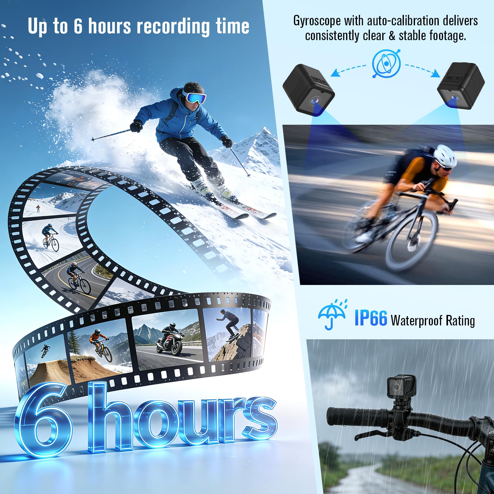 Mini Action Cam,WiFi 1080P HD & 120° Wide Angle Helmet Camera, versione migliorata Dashcam bicicletta con scheda di memoria da 64 GB