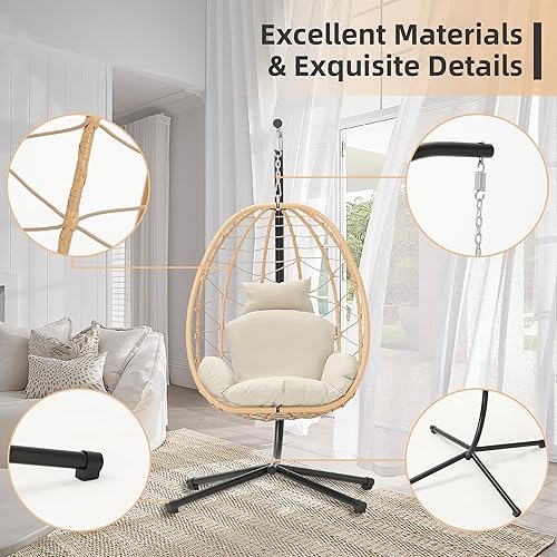 Miniatura 4 de DoubleTT Silla de huevo con soporte, silla colgante, cesta nido, resistente a los rayos UV, cojines extraíbles y lavables, capacidad de 350 libras
