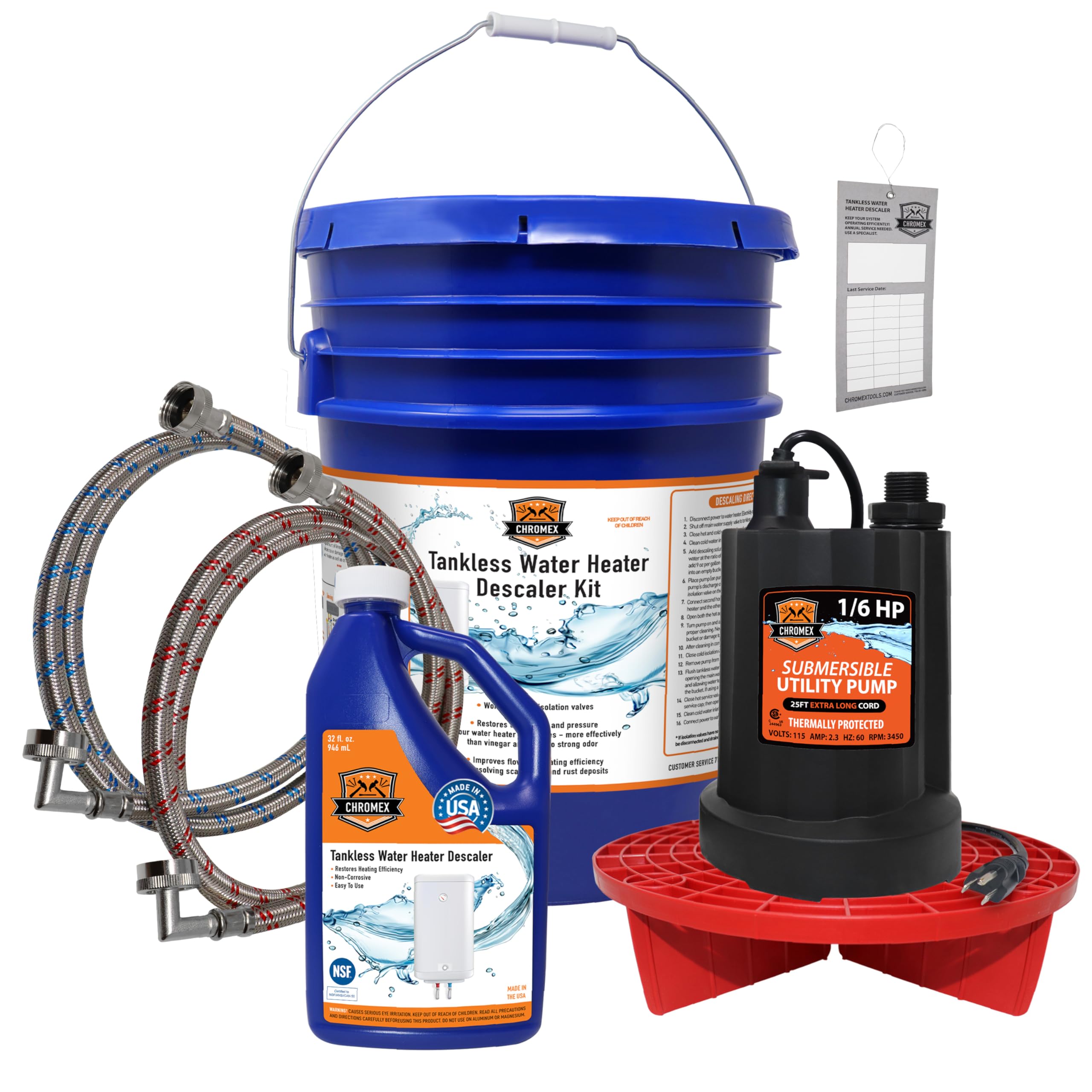 Chromex Tankless Water Heater Flush Kit with Certified Liquid Descaling Solution and Right Angle Inlet Hoses & 1/6HP Extra Strength Pump
