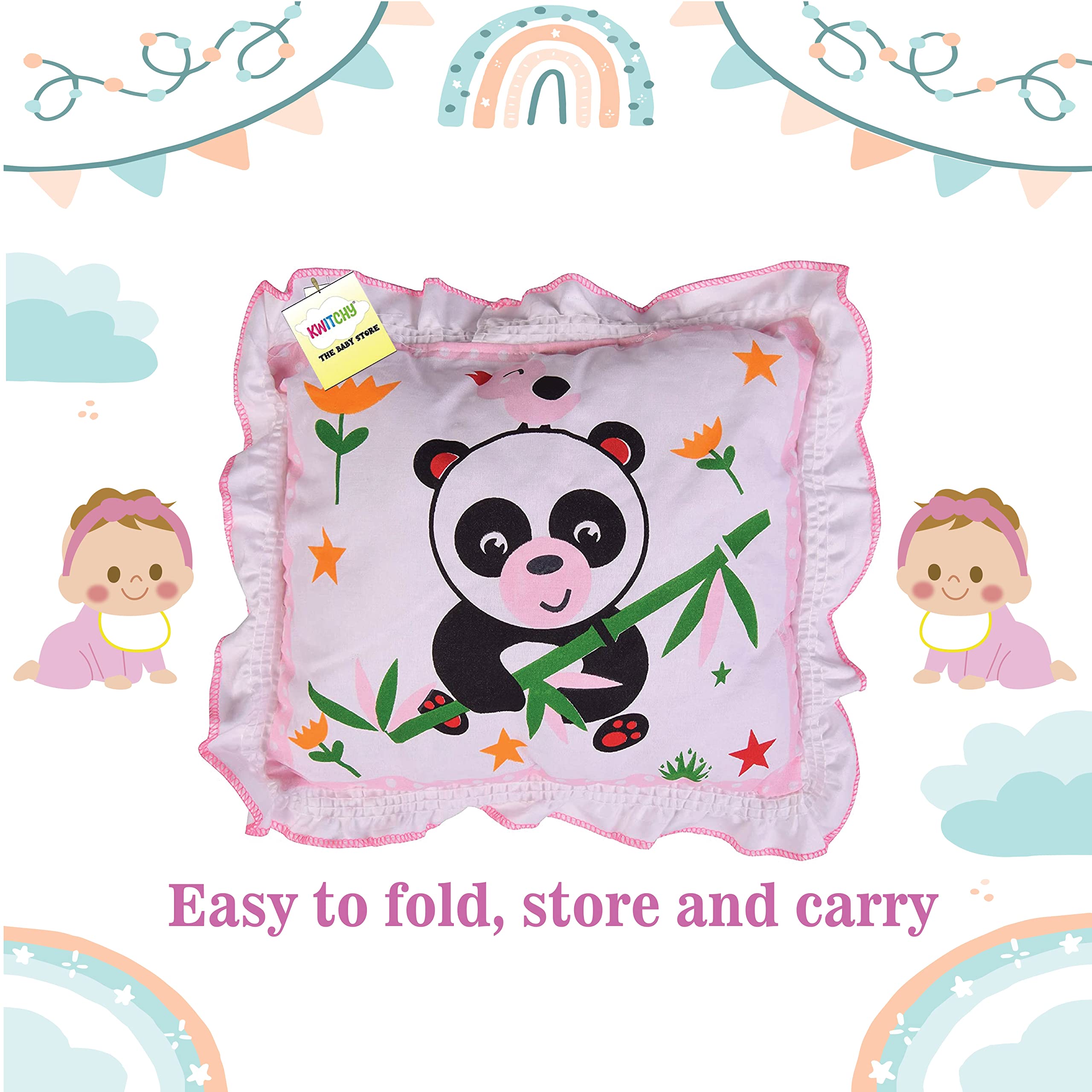 Kwitchy Baby Bed with Mosquito Net New Born Baby Bedding Set | Folding Bed | Toddler Mattress | Cotton | Gadda Set | Travel Beds | Boys & Girls | Gift Pack (0-6 M) (Pink) 1