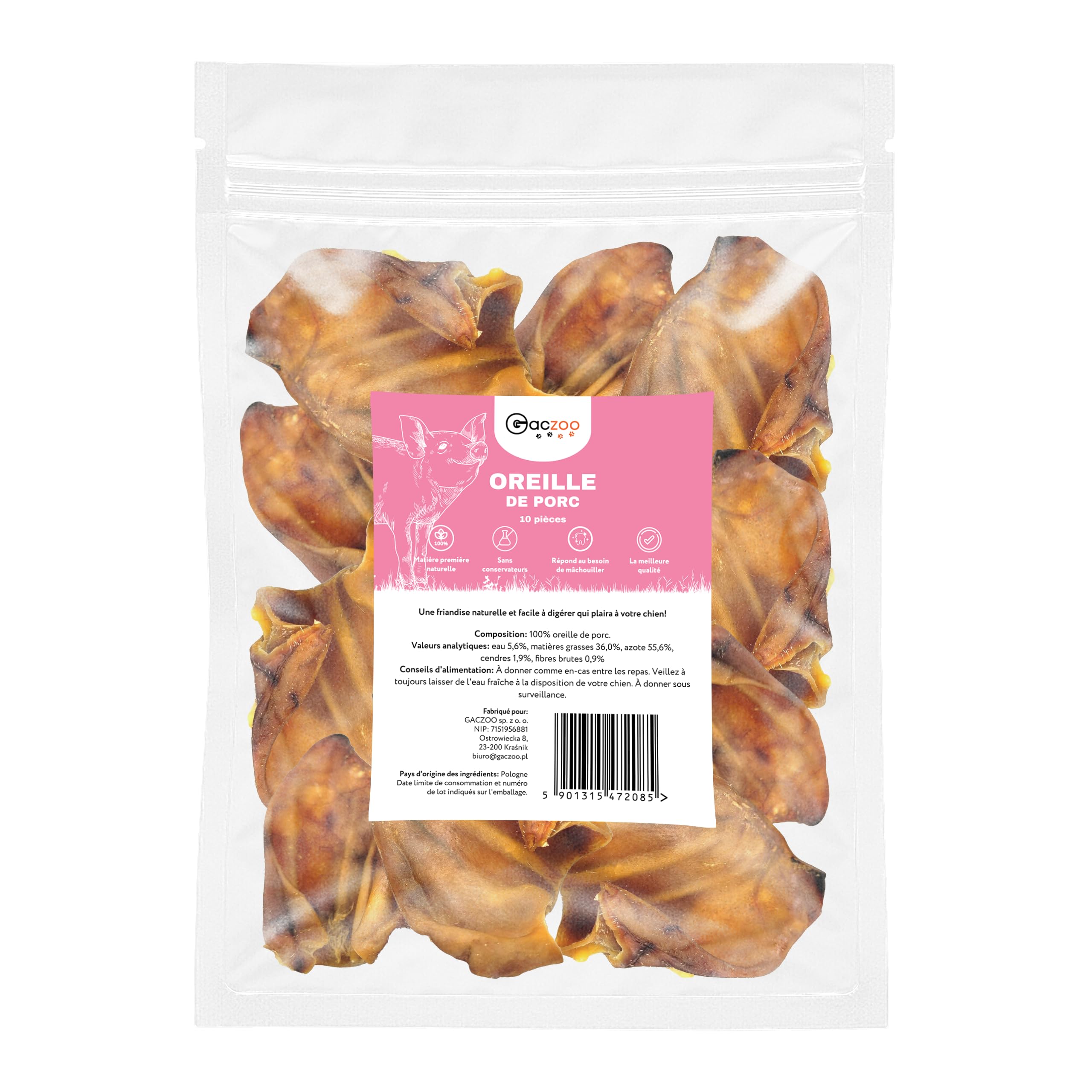 Oreilles de Porc pour Chien – Friandises pour Chien – 100% Naturels sans conservateurs ni additifs – Hygiène Dentaire, Réduction du Stress – Source collagène et protéines – 10 Pièces