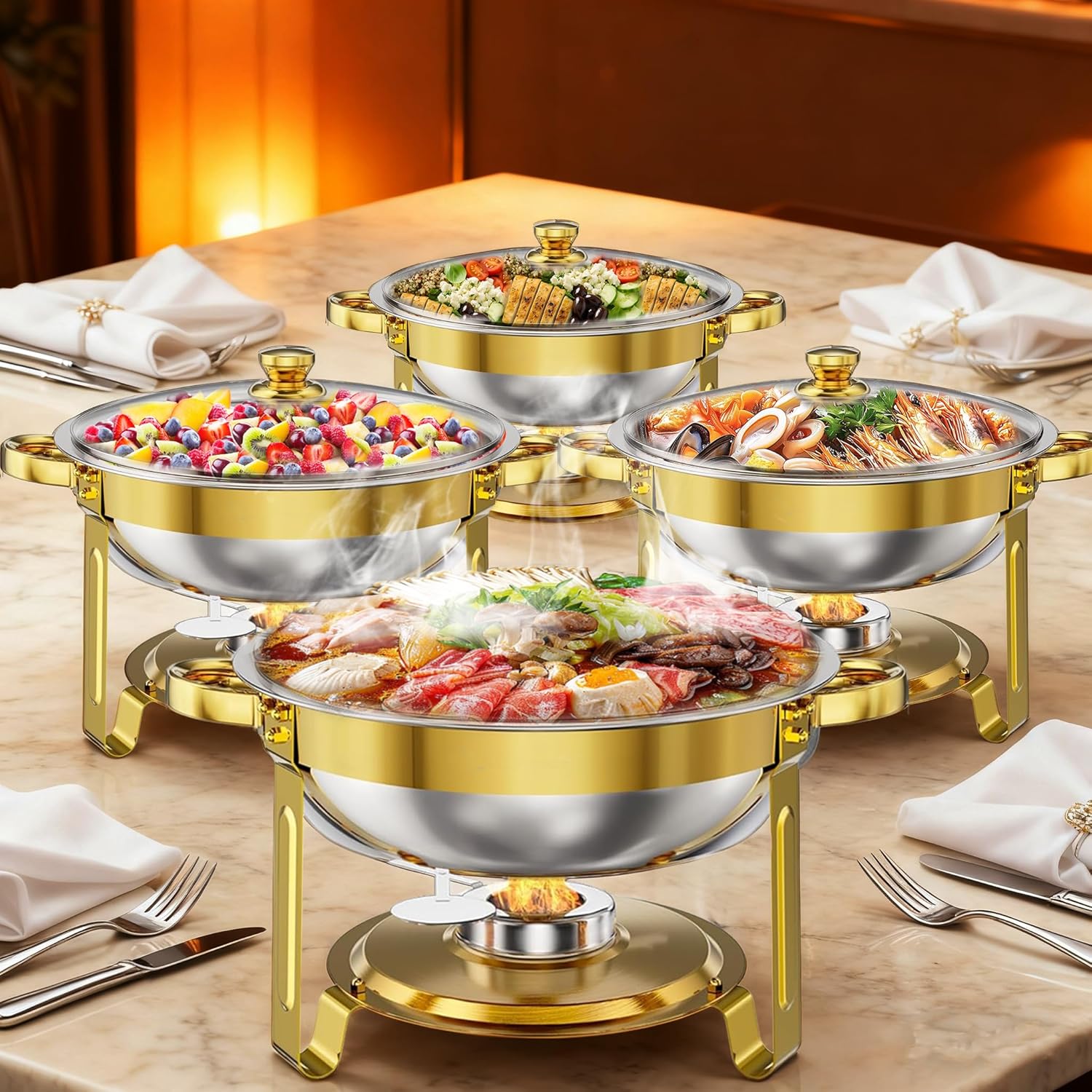 Chafing Dish Buffet Set: 5QT Round Stainless Steel Chafer for Catering, Round Golden Chafing Dish Buffet Set with Lids Buffet Warmers Sets for Catering, Parties and Weddings