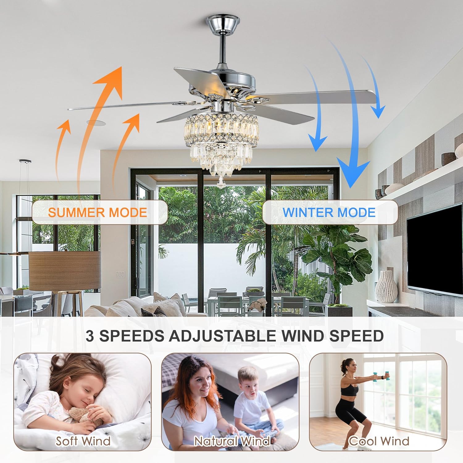 52" Crystal Ceiling Fan with Lights Remote Control Chandelie Ceiling Fans Modern Fandelier Silver Rustic Chandelier Light, Dual Blades, Reversible DC Motor 6 Speeds for Bedroom Living Room