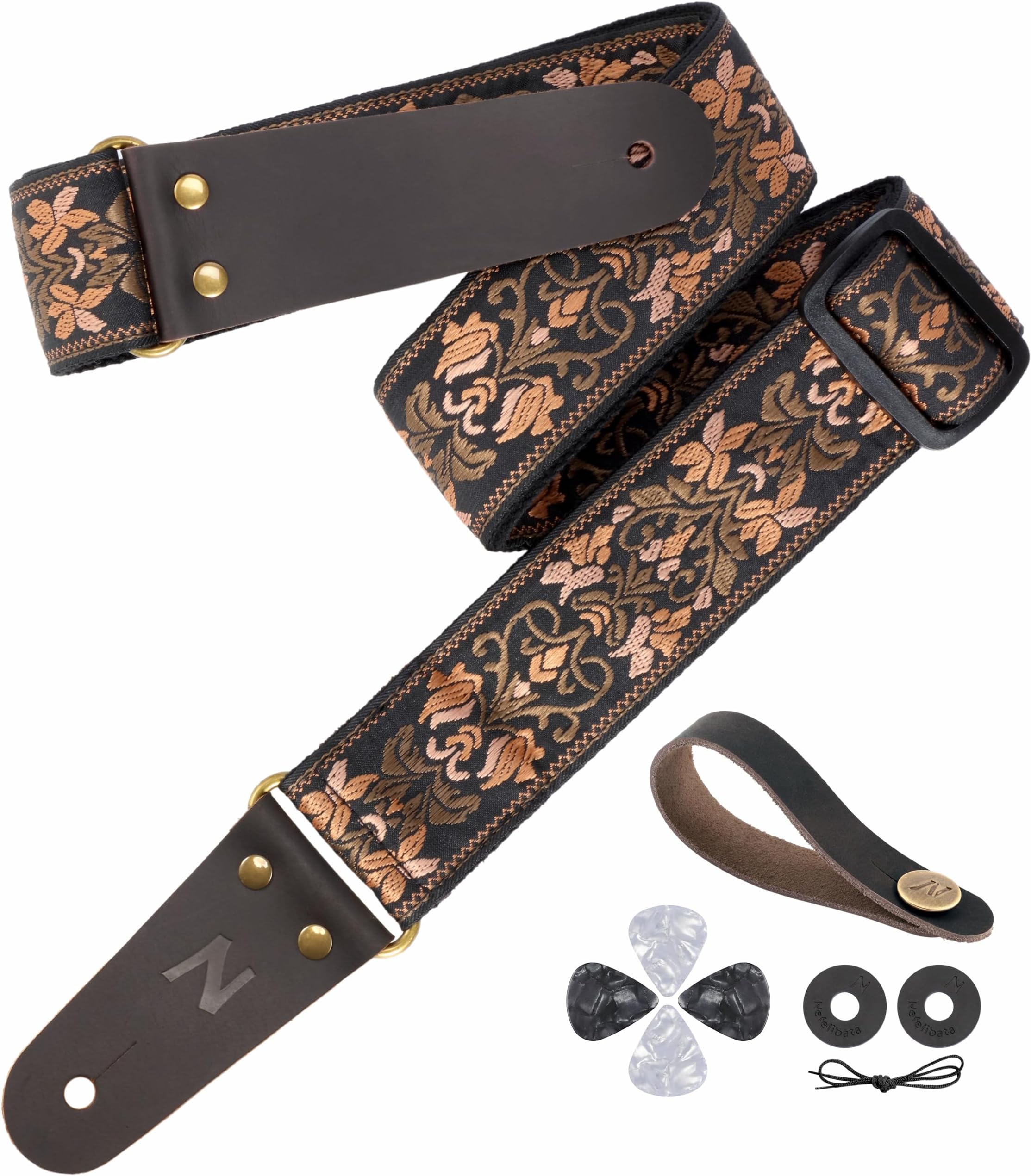 Guitar Strap, 2" Jacquard Embroidery Guitar Straps, Full Grain Leather Ends with Invisible Pocket, for Bass, Electric and Acoustic Guitars, Free Buckle, Strap Lock and Guitar Picks
